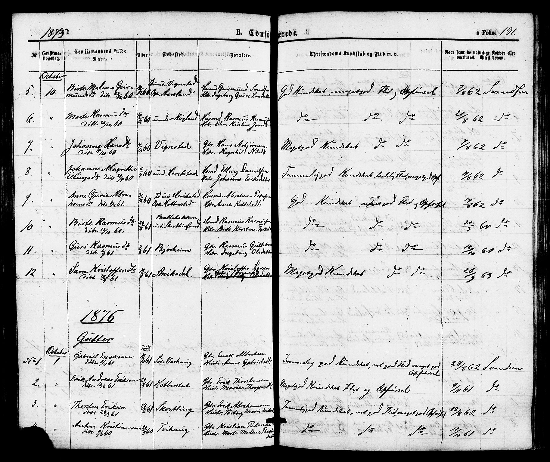 Hå sokneprestkontor, AV/SAST-A-101801/001/30BA/L0009: Parish register (official) no. A 8, 1855-1878, p. 191