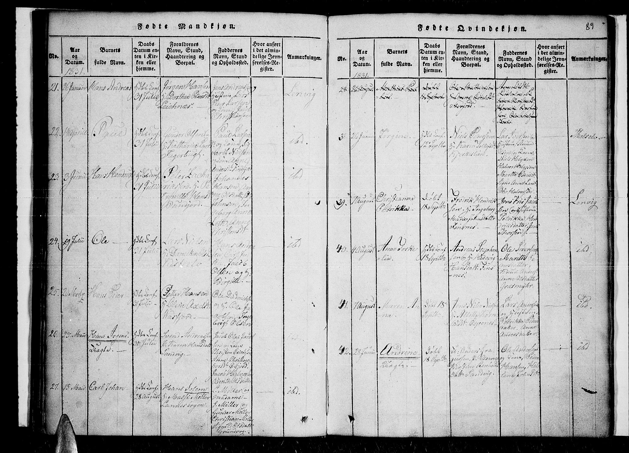 Lenvik sokneprestembete, SATØ/S-1310/H/Ha/Haa/L0003kirke: Parish register (official) no. 3, 1820-1831, p. 89