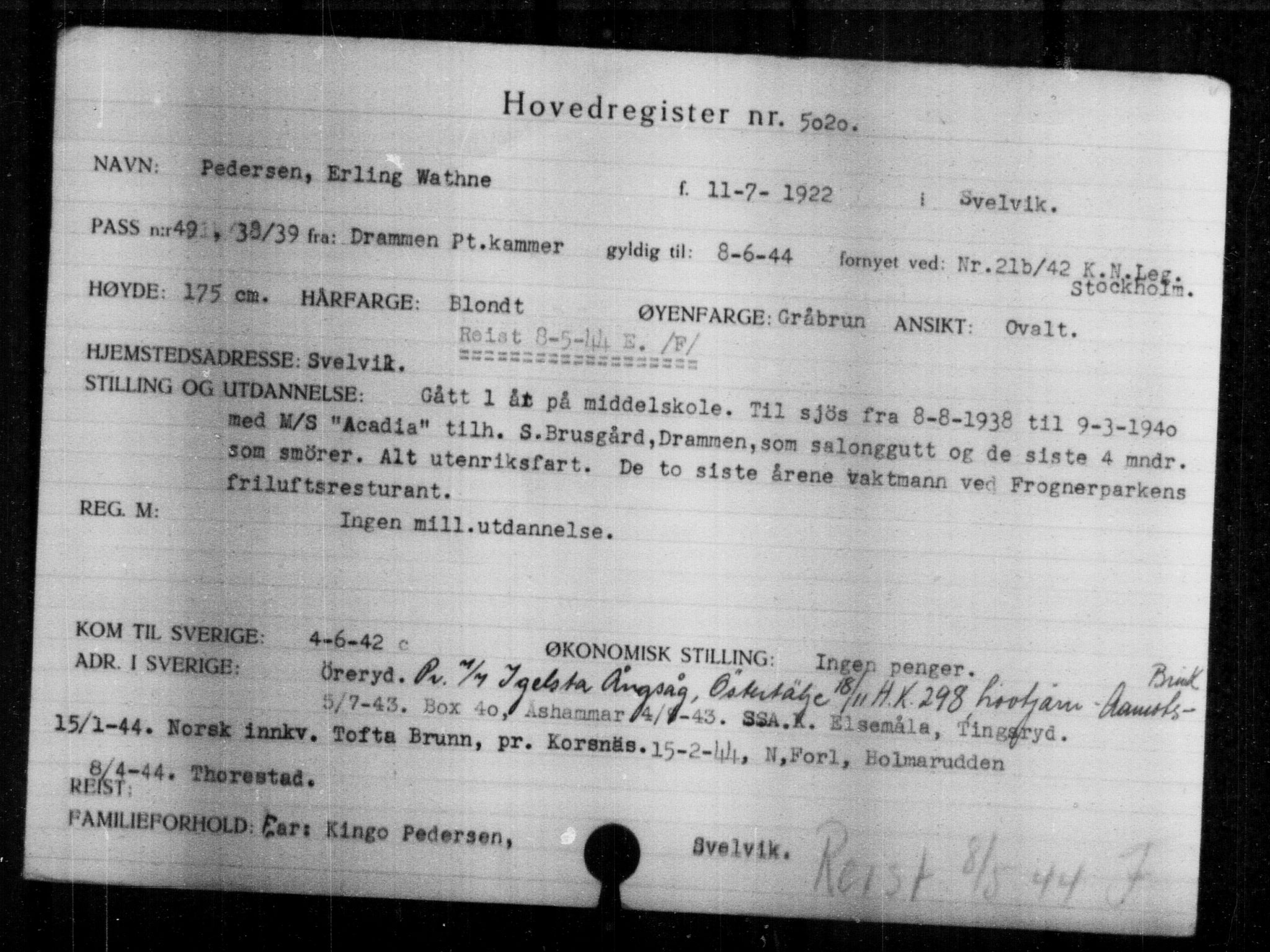 Utenriksstasjonene, Legasjonen i Stockholm, Flyktningkontoret, AV/RA-S-6753/V/Va/L0004: Kjesäterkartoteket, flyktninger med registreringsnr. 3496-6610, 1940-1945, p. 1806