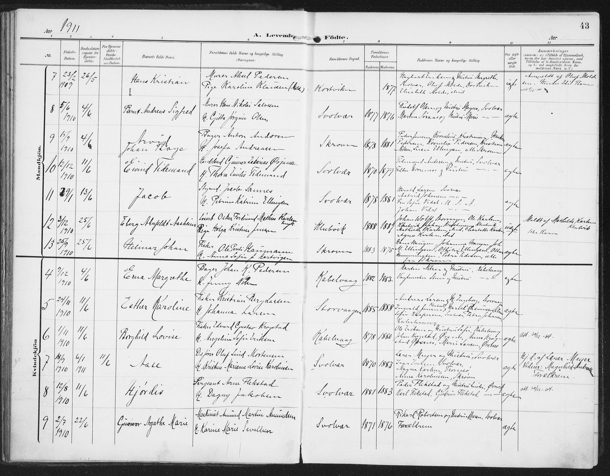 Ministerialprotokoller, klokkerbøker og fødselsregistre - Nordland, AV/SAT-A-1459/874/L1063: Parish register (official) no. 874A07, 1907-1915, p. 43