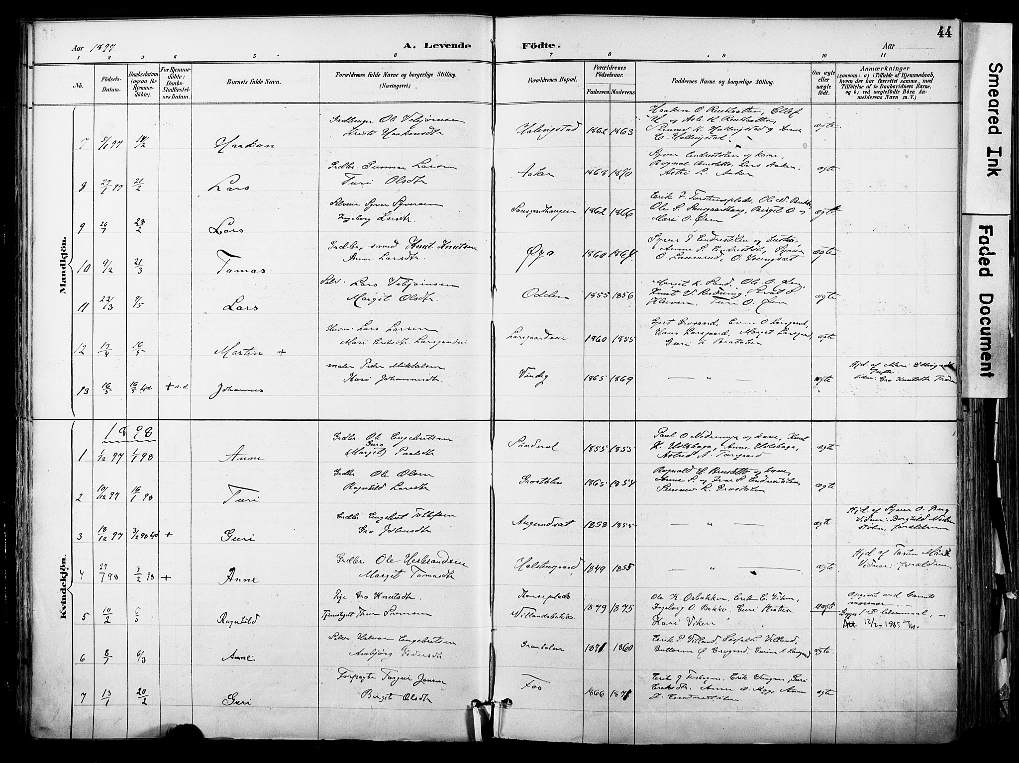 Hol kirkebøker, AV/SAKO-A-227/F/Fa/L0003: Parish register (official) no. I 3, 1887-1918, p. 44