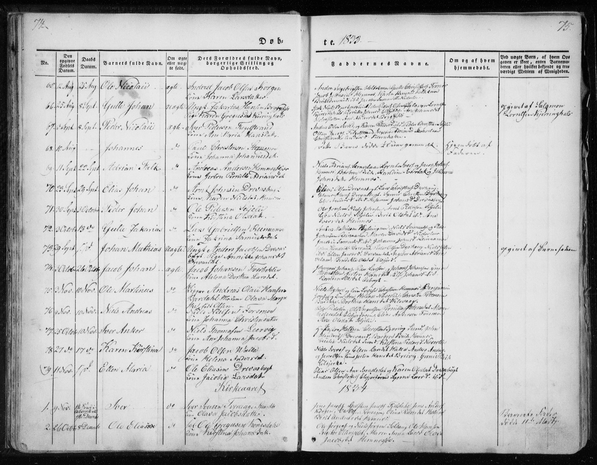 Ministerialprotokoller, klokkerbøker og fødselsregistre - Nordland, SAT/A-1459/825/L0354: Parish register (official) no. 825A08, 1826-1841, p. 74-75