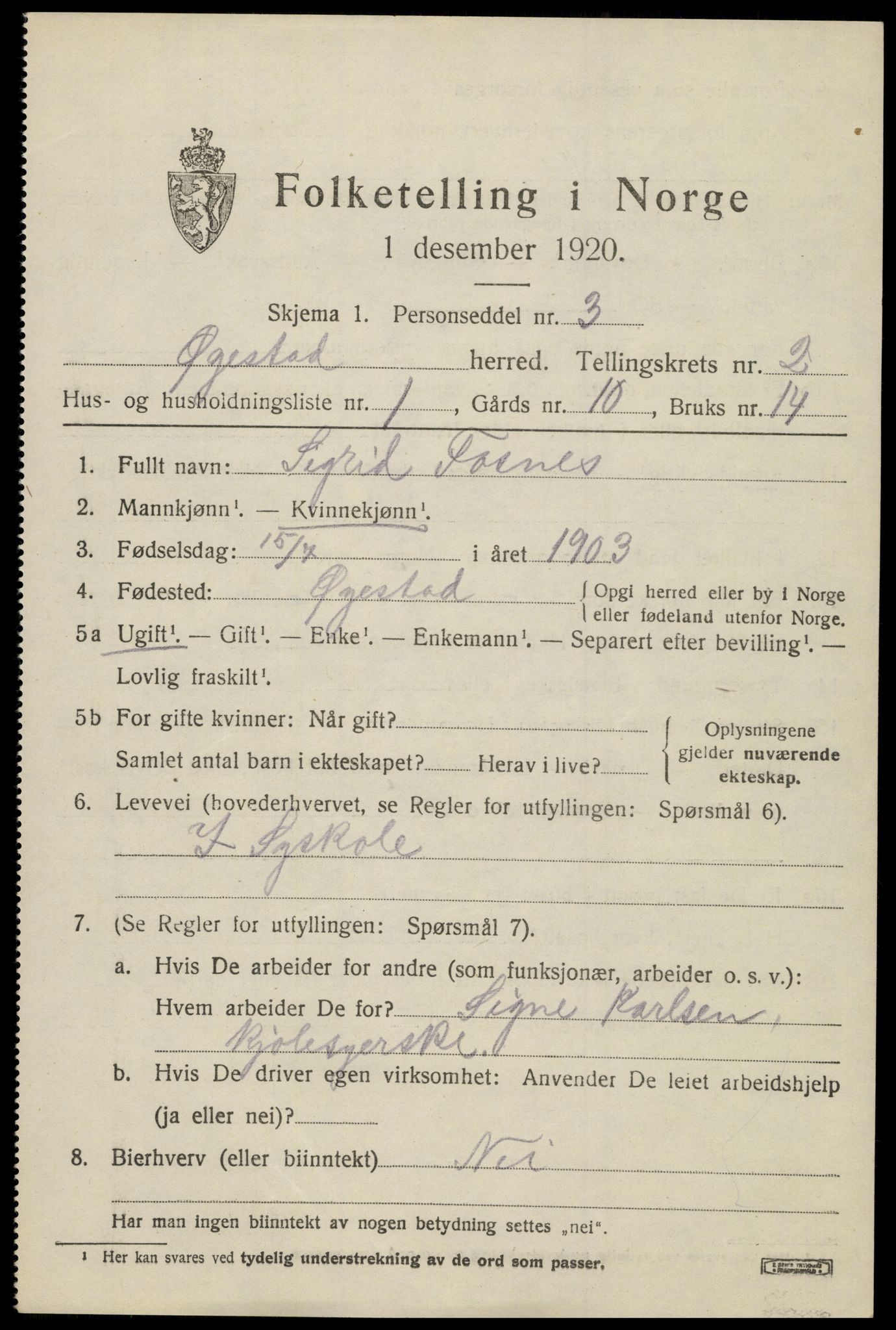 SAK, 1920 census for Øyestad, 1920, p. 2242