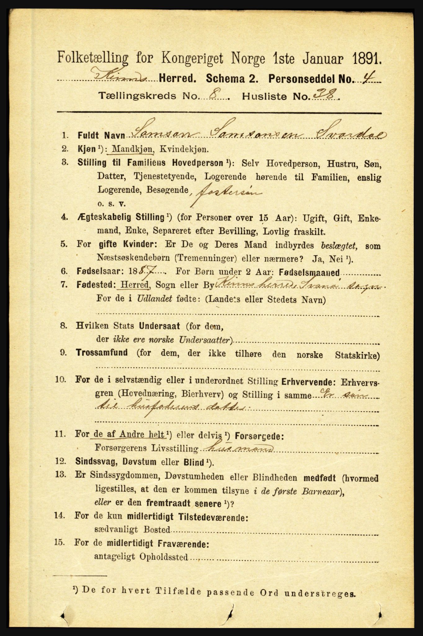 RA, 1891 census for 1437 Kinn, 1891, p. 3351