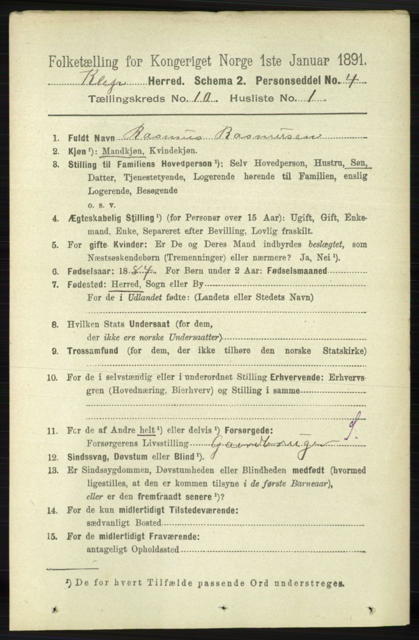 RA, 1891 census for 1120 Klepp, 1891, p. 2855