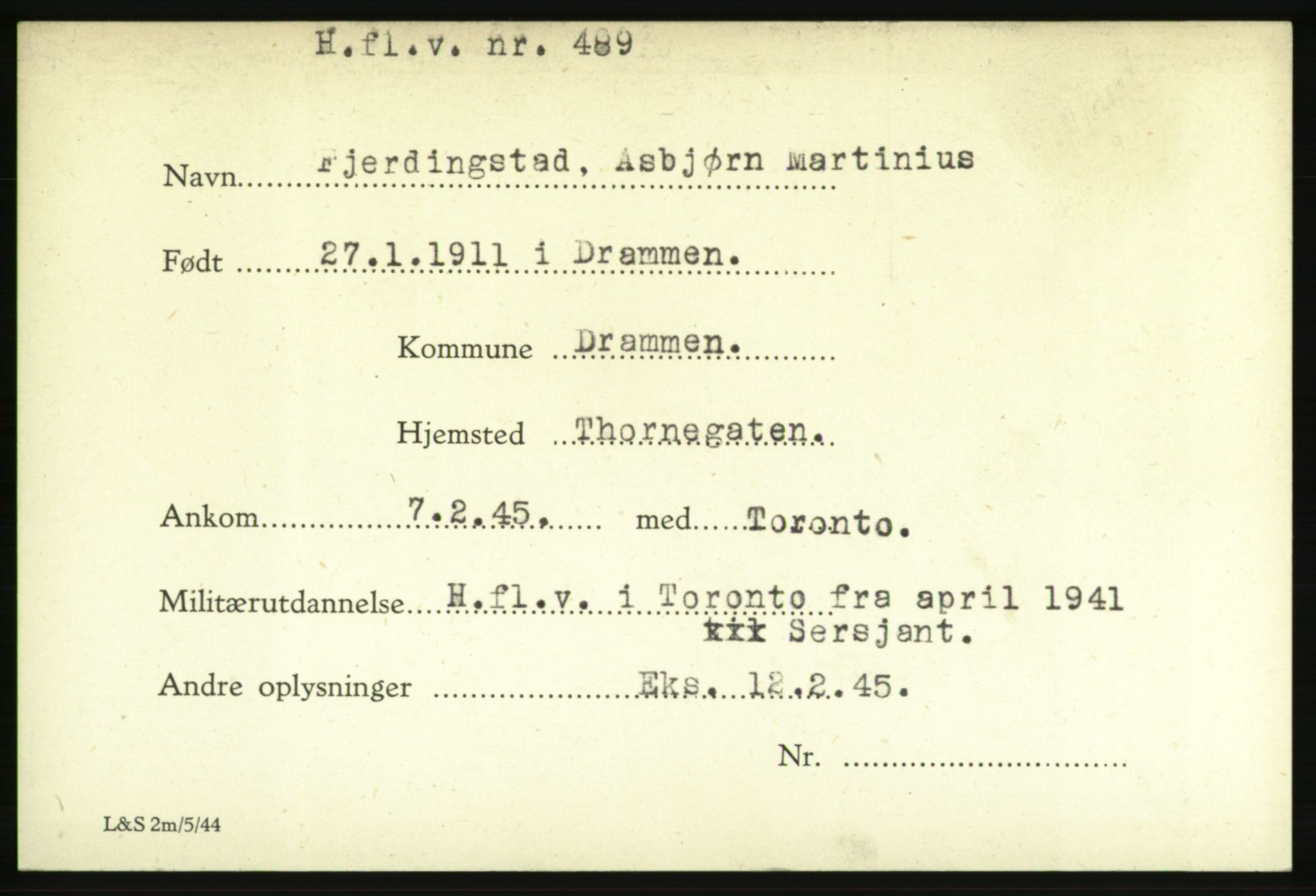 Forsvarets Overkommando. 2. kontor. Arkiv 8.1. Mottakersentralen FDE og FO.II, RA/RAFA-6952/P/Pa/L0006: Fjerdingstad - Græssmann, 1940-1945, p. 1