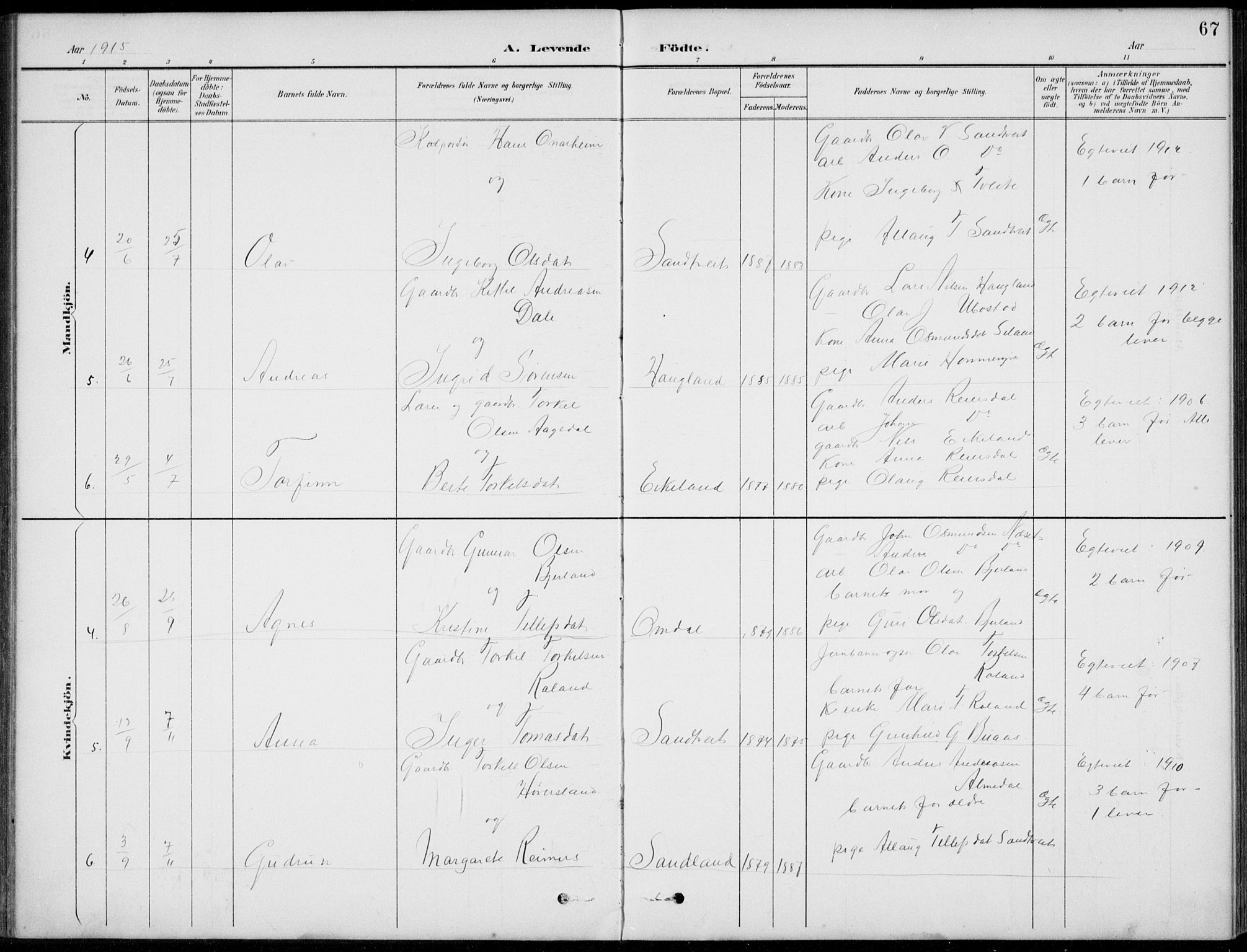 Vennesla sokneprestkontor, AV/SAK-1111-0045/Fb/Fba/L0003: Parish register (copy) no. B 3, 1890-1919, p. 67