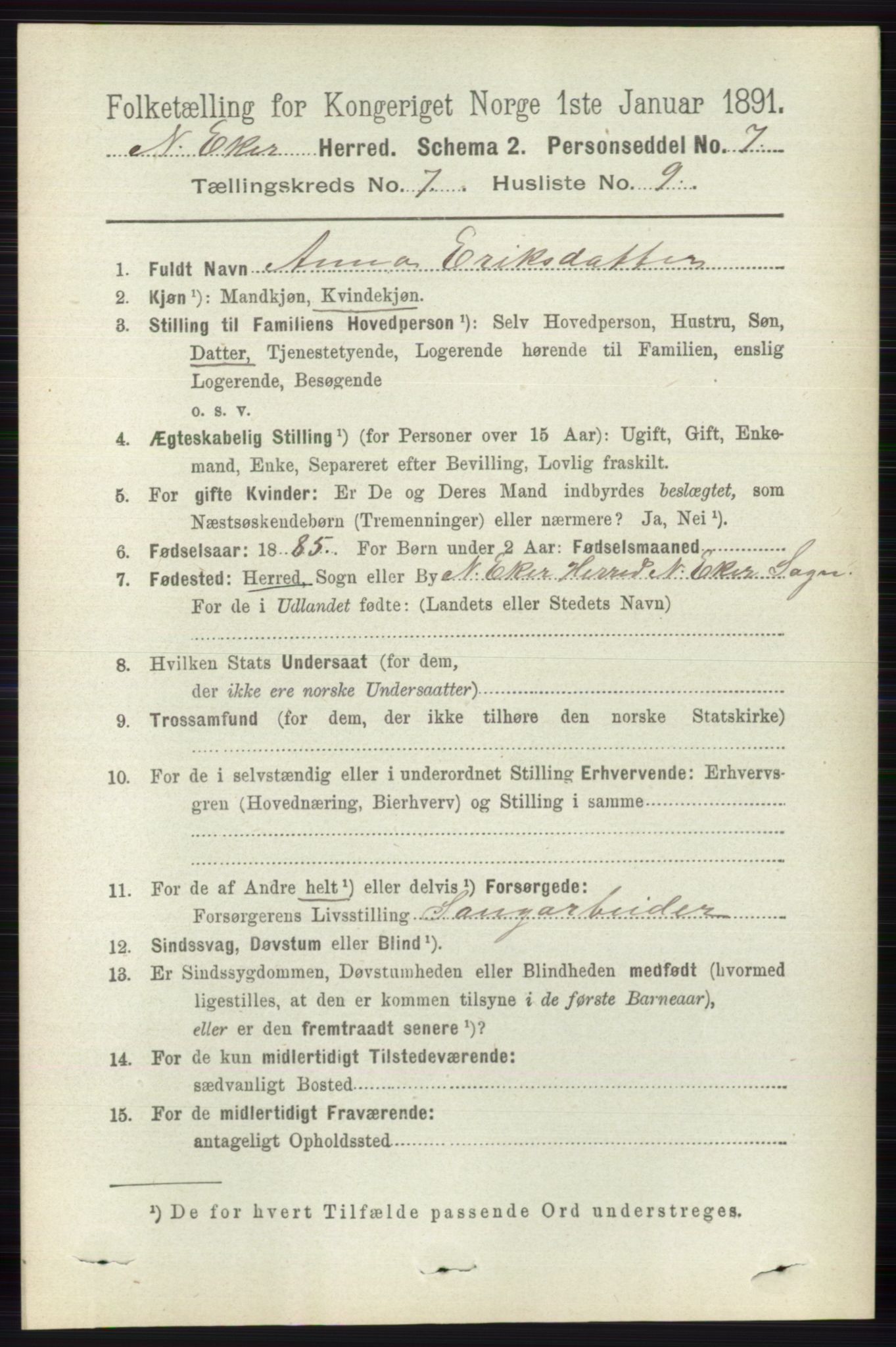 RA, 1891 census for 0625 Nedre Eiker, 1891, p. 3464