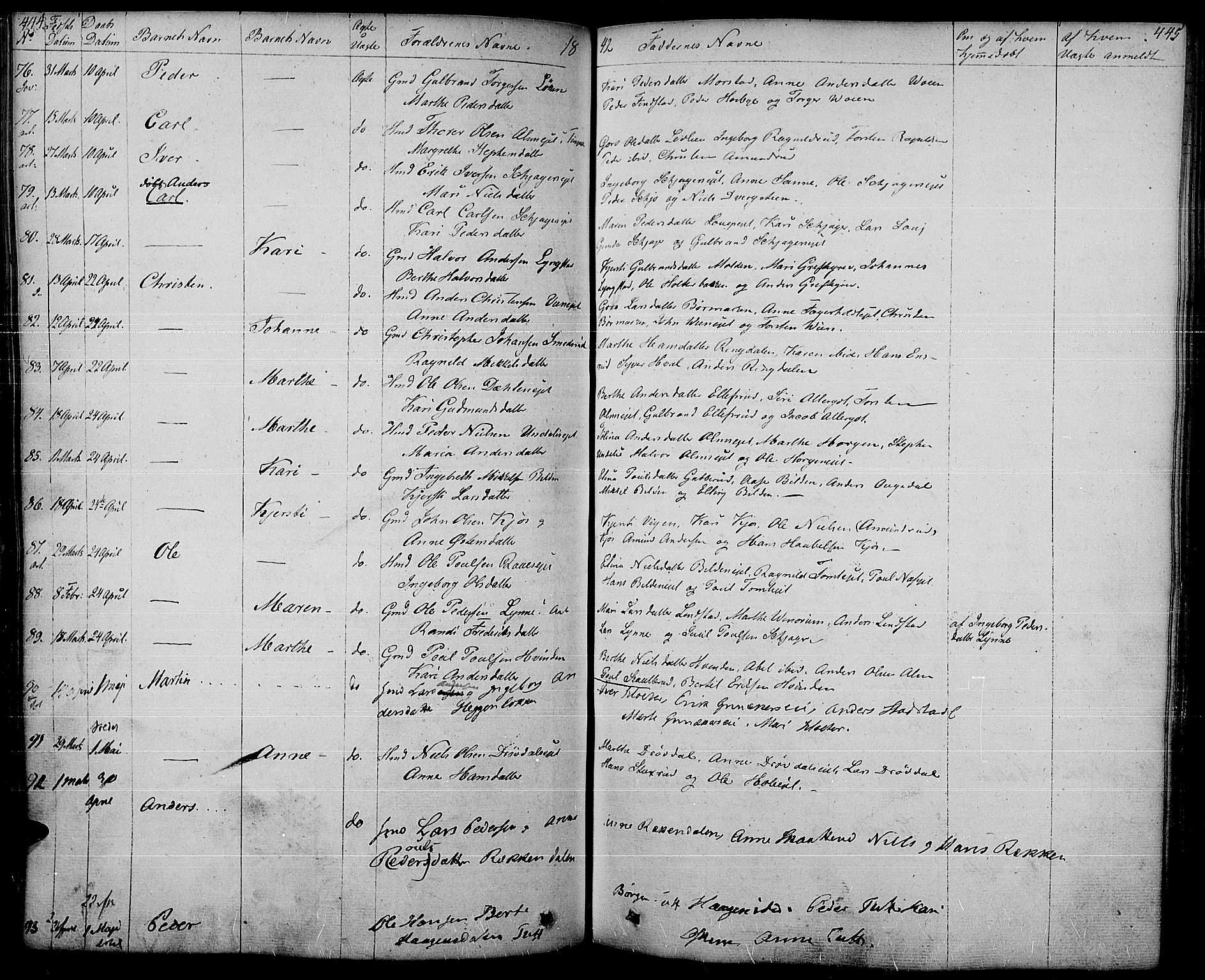 Gran prestekontor, SAH/PREST-112/H/Ha/Haa/L0010: Parish register (official) no. 10, 1824-1842, p. 444-445