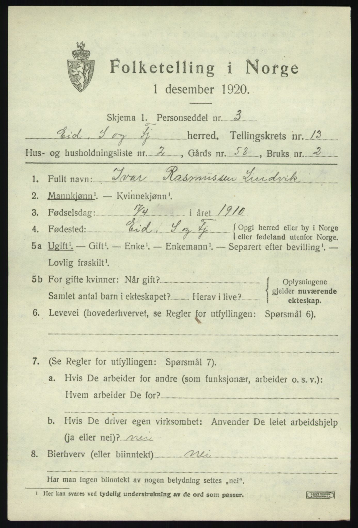 SAB, 1920 census for Eid, 1920, p. 7774