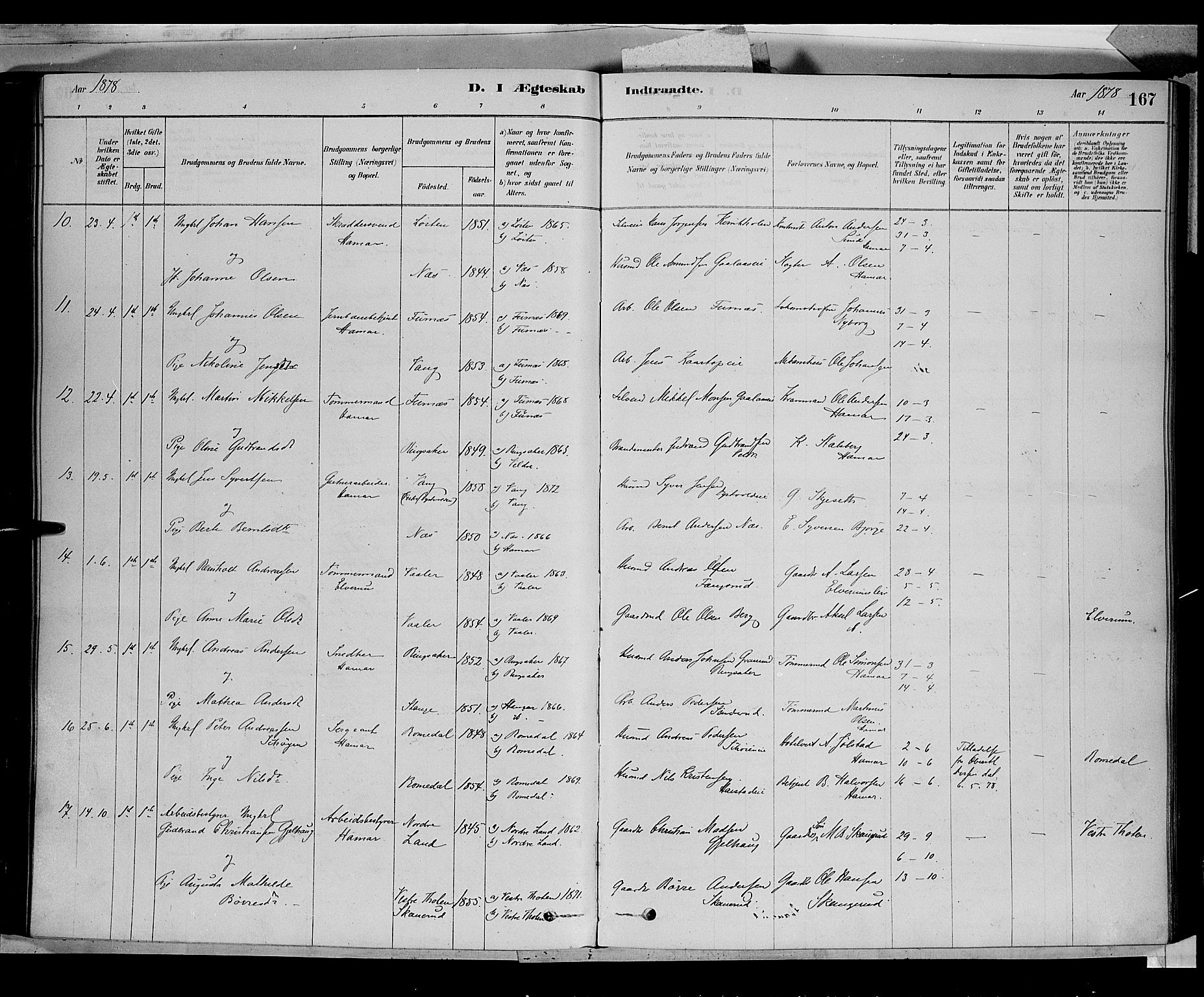 Vang prestekontor, Hedmark, AV/SAH-PREST-008/H/Ha/Haa/L0016: Parish register (official) no. 16, 1878-1889, p. 167