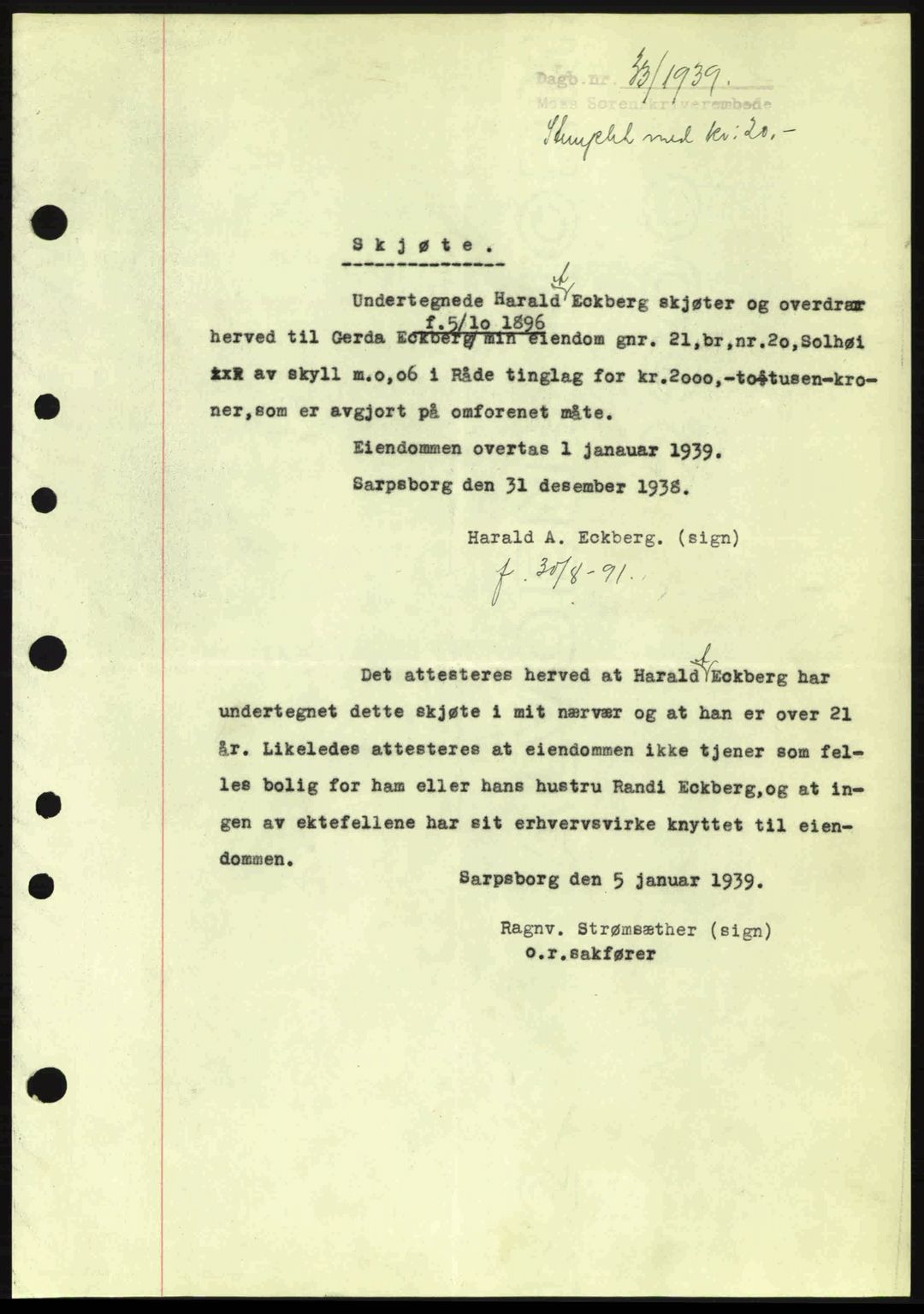 Moss sorenskriveri, SAO/A-10168: Mortgage book no. A5, 1938-1939, Diary no: : 33/1939