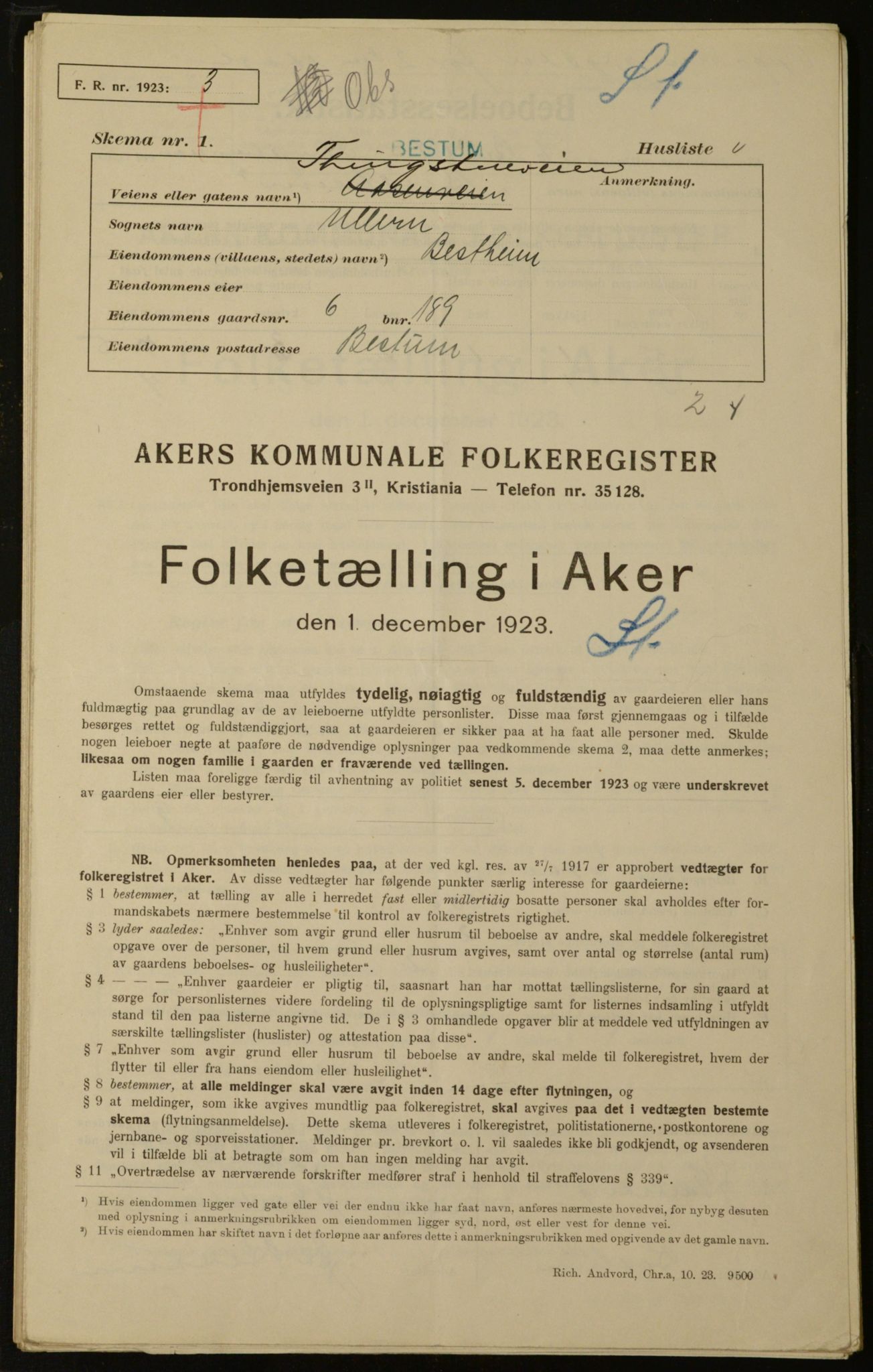 , Municipal Census 1923 for Aker, 1923, p. 18