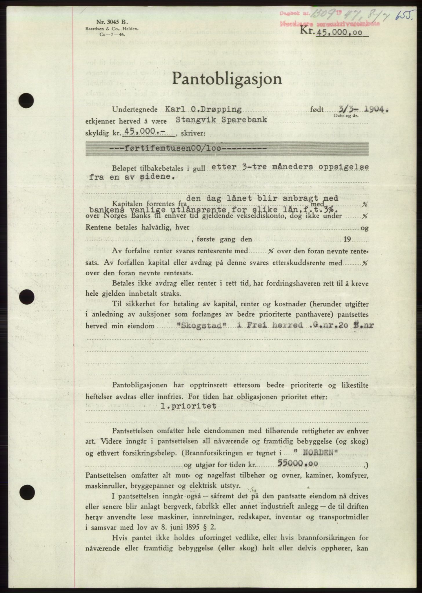 Nordmøre sorenskriveri, AV/SAT-A-4132/1/2/2Ca: Mortgage book no. B96, 1947-1947, Diary no: : 1509/1947