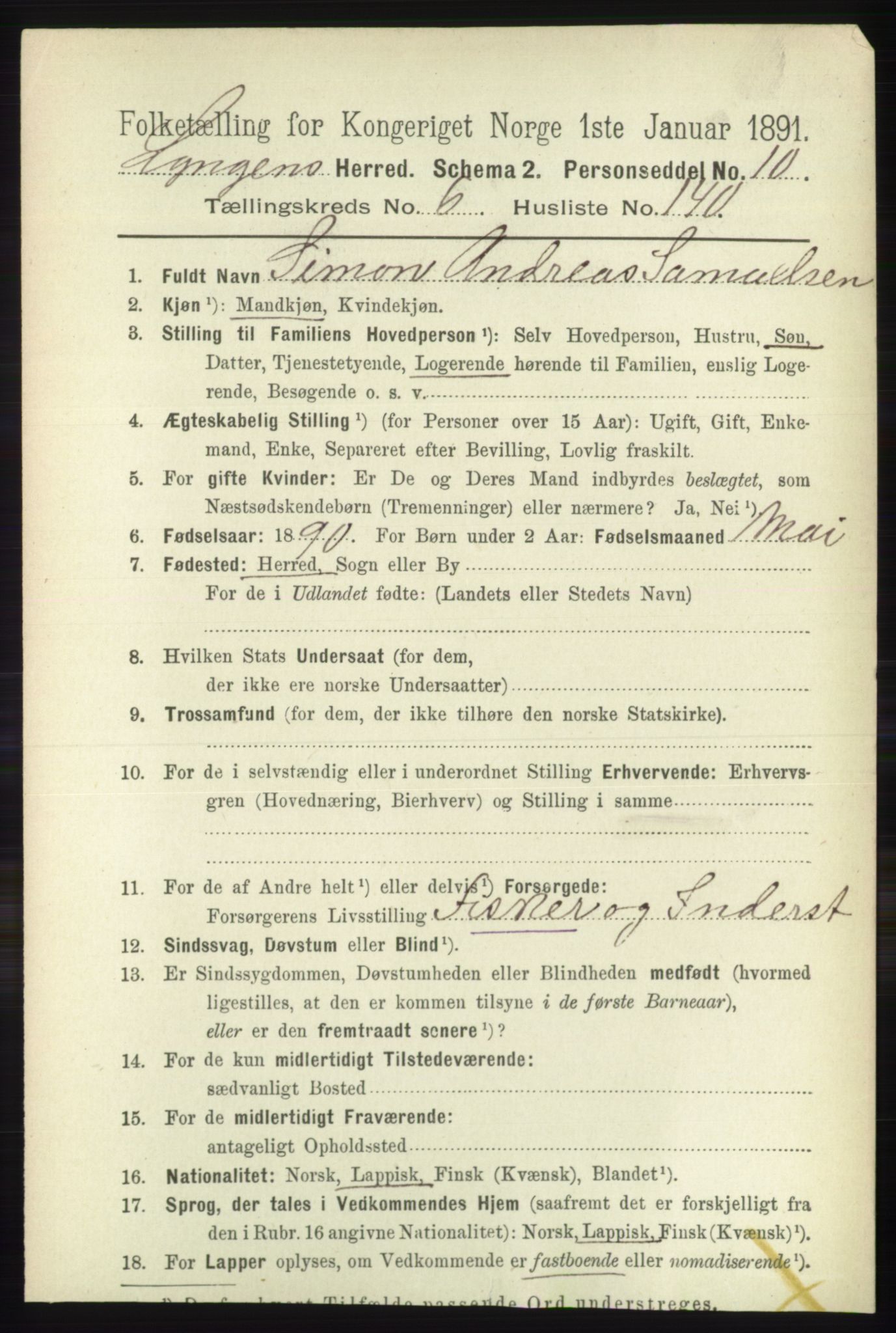 RA, 1891 census for 1938 Lyngen, 1891, p. 6239