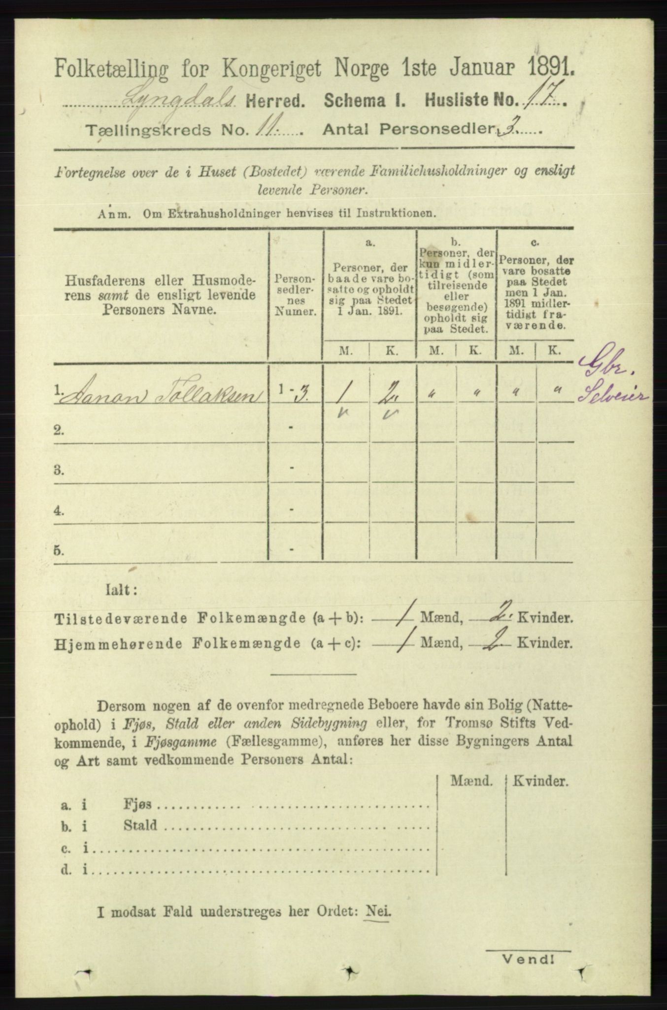 RA, 1891 census for 1032 Lyngdal, 1891, p. 4749