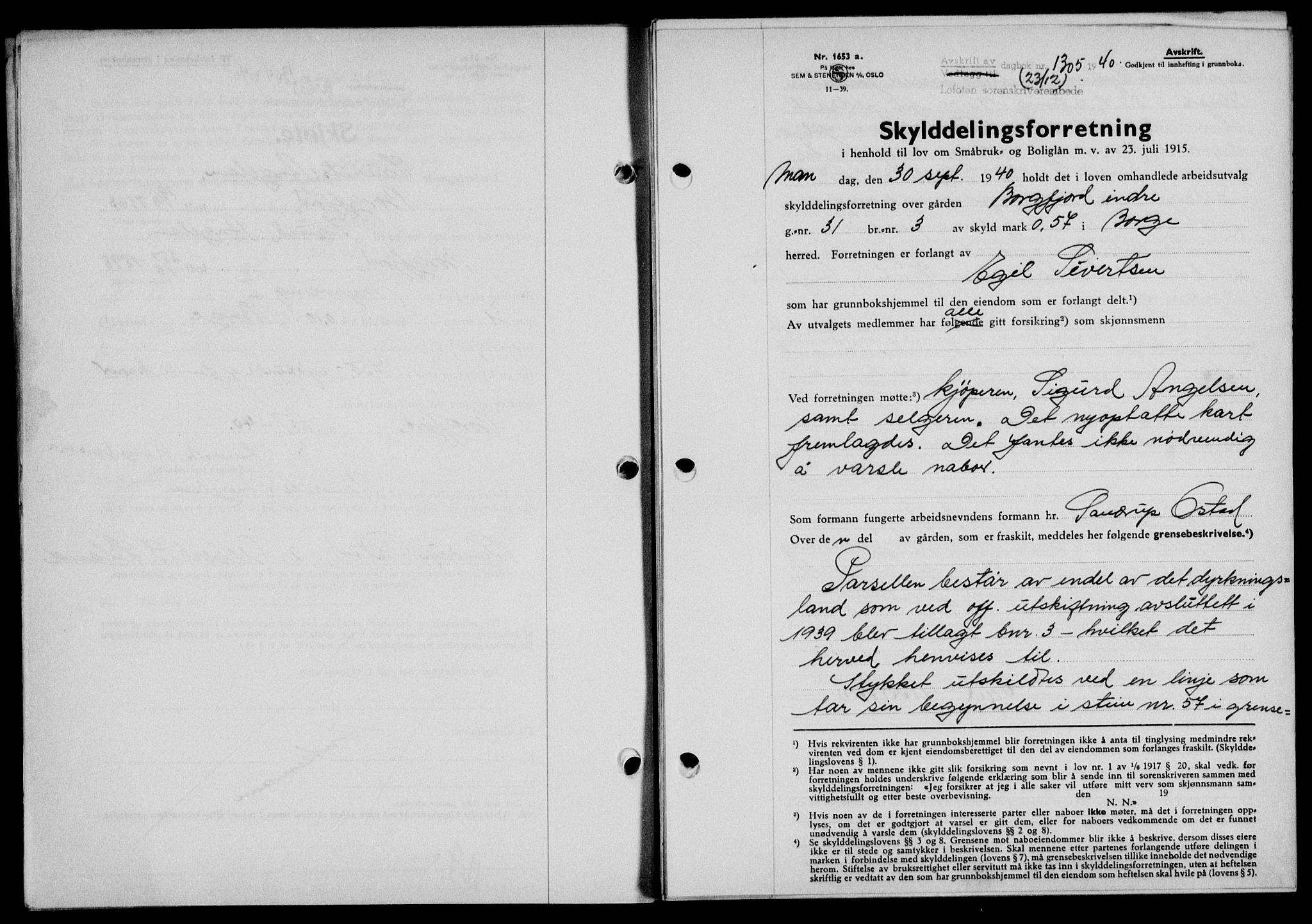 Lofoten sorenskriveri, SAT/A-0017/1/2/2C/L0008a: Mortgage book no. 8a, 1940-1941, Diary no: : 1305/1940