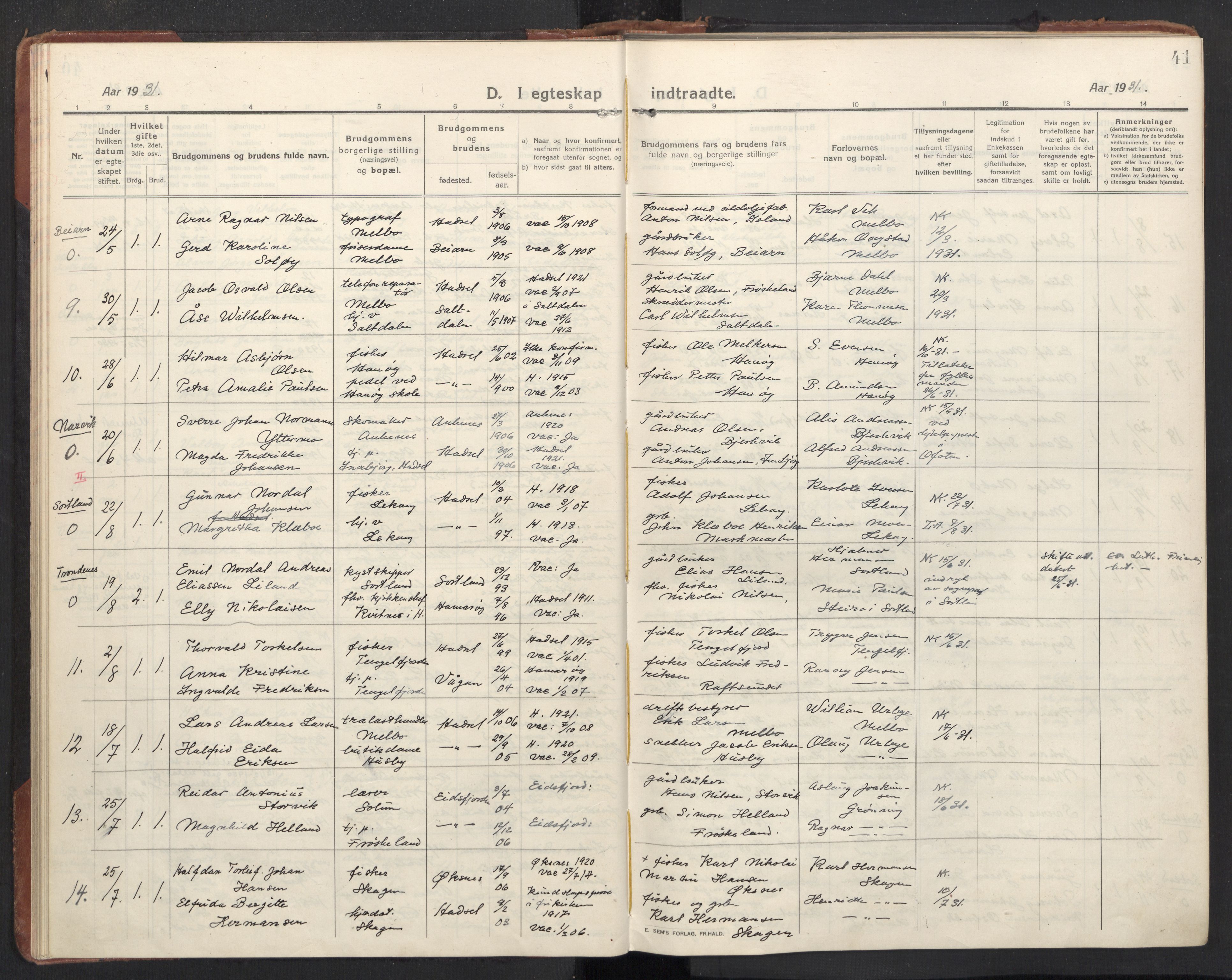 Ministerialprotokoller, klokkerbøker og fødselsregistre - Nordland, AV/SAT-A-1459/888/L1269: Parish register (copy) no. 888C11, 1913-1937, p. 41