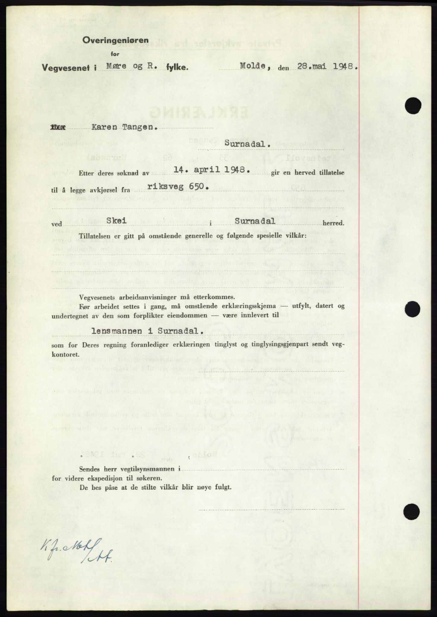 Nordmøre sorenskriveri, AV/SAT-A-4132/1/2/2Ca: Mortgage book no. B99, 1948-1948, Diary no: : 2130/1948