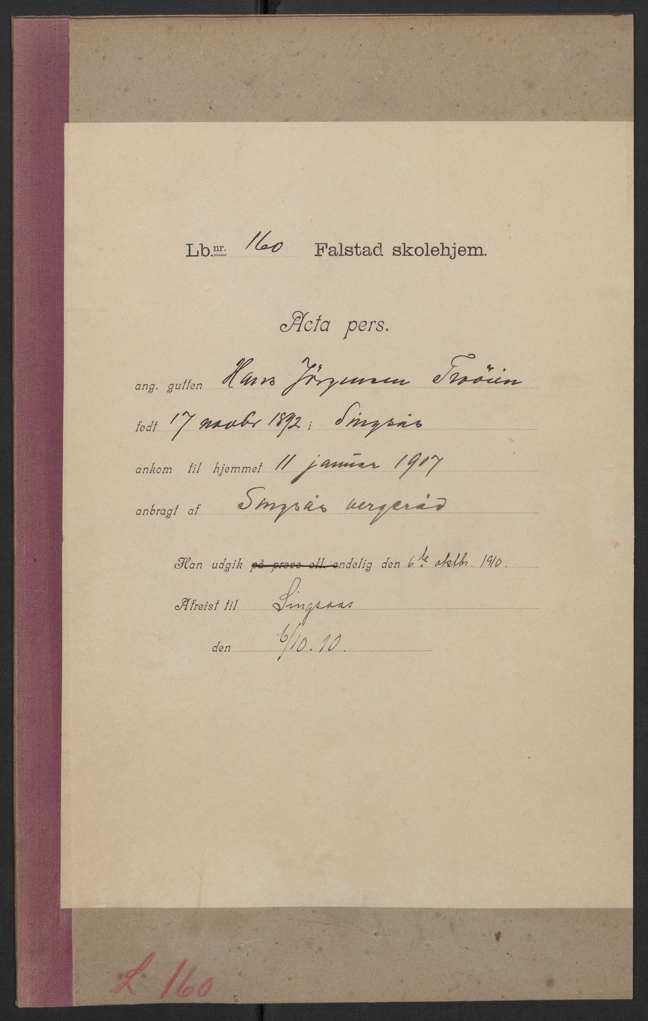 Falstad skolehjem, AV/RA-S-1676/E/Eb/L0007: Elevmapper løpenr. 146-168, 1905-1911, p. 225