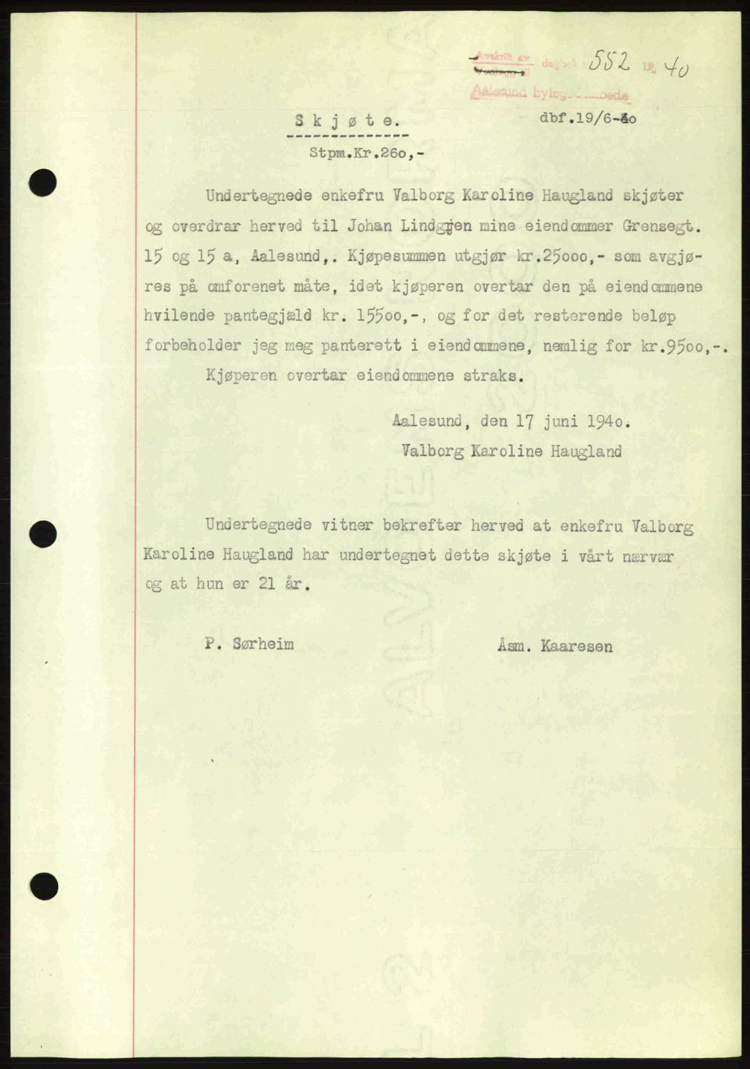 Ålesund byfogd, AV/SAT-A-4384: Mortgage book no. 34 II, 1938-1940, Diary no: : 552/1940