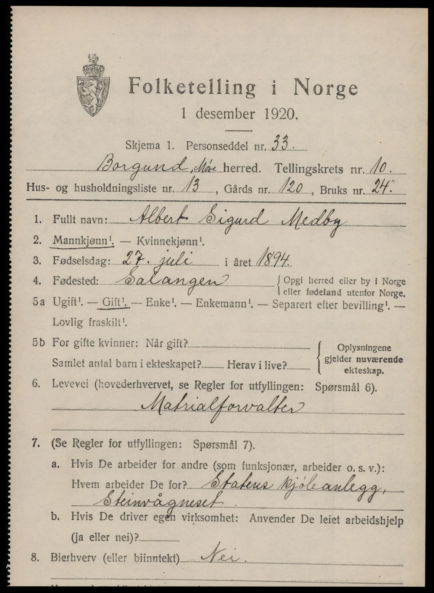SAT, 1920 census for Borgund, 1920, p. 9404