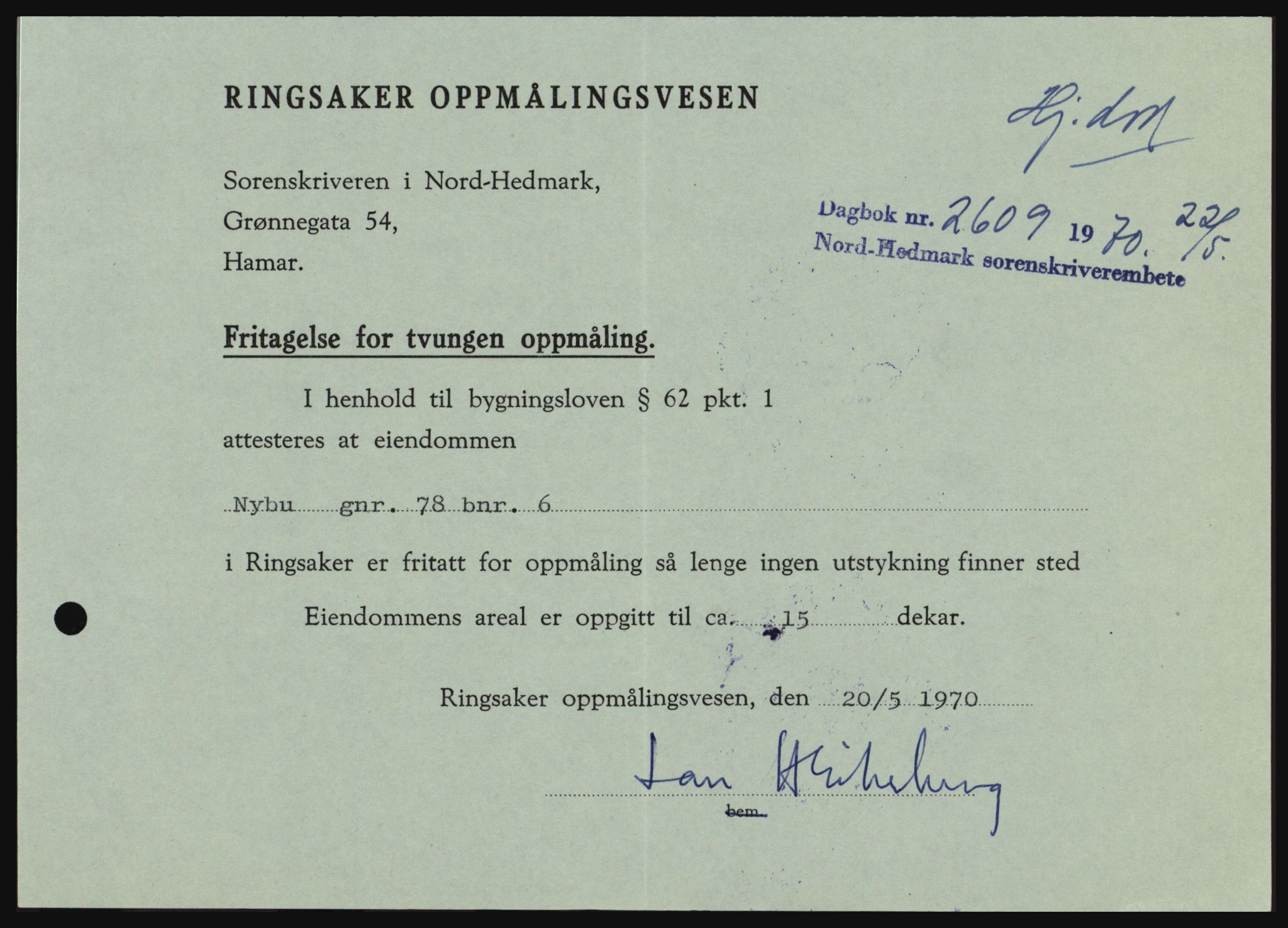 Nord-Hedmark sorenskriveri, SAH/TING-012/H/Hc/L0033: Mortgage book no. 33, 1970-1970, Diary no: : 2609/1970