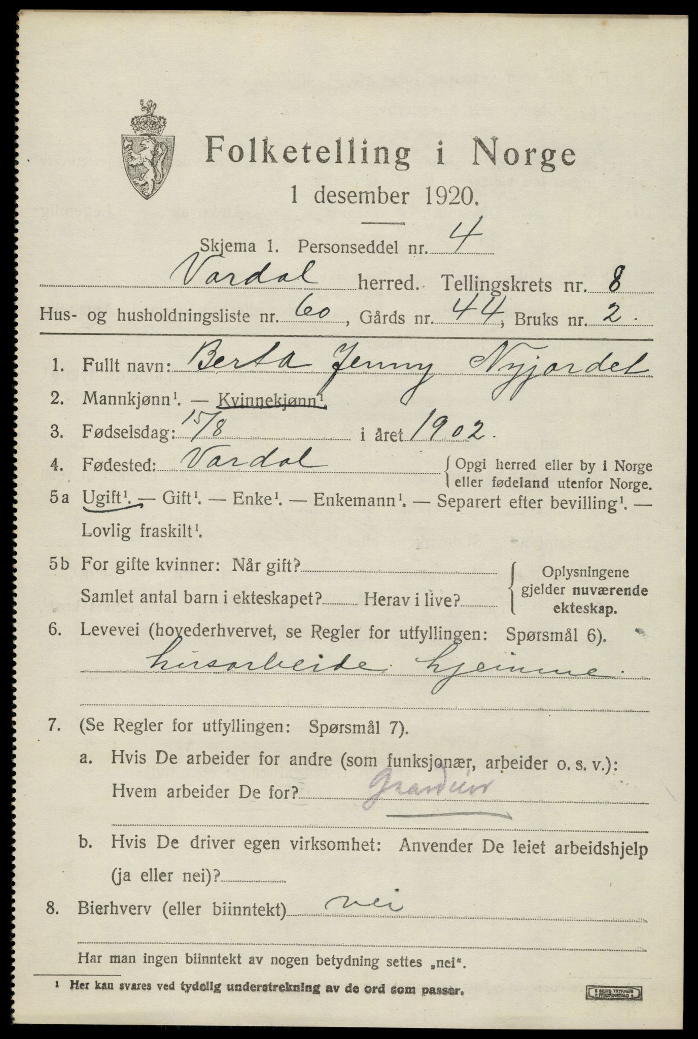 SAH, 1920 census for Vardal, 1920, p. 6449