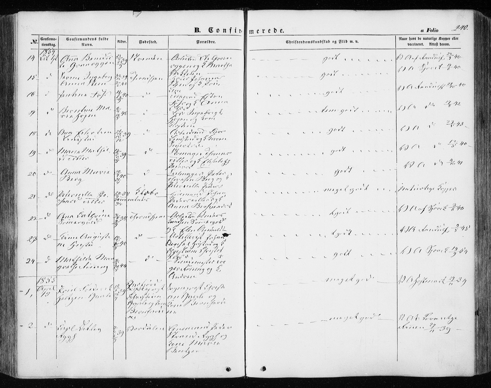 Ministerialprotokoller, klokkerbøker og fødselsregistre - Sør-Trøndelag, SAT/A-1456/601/L0051: Parish register (official) no. 601A19, 1848-1857, p. 240