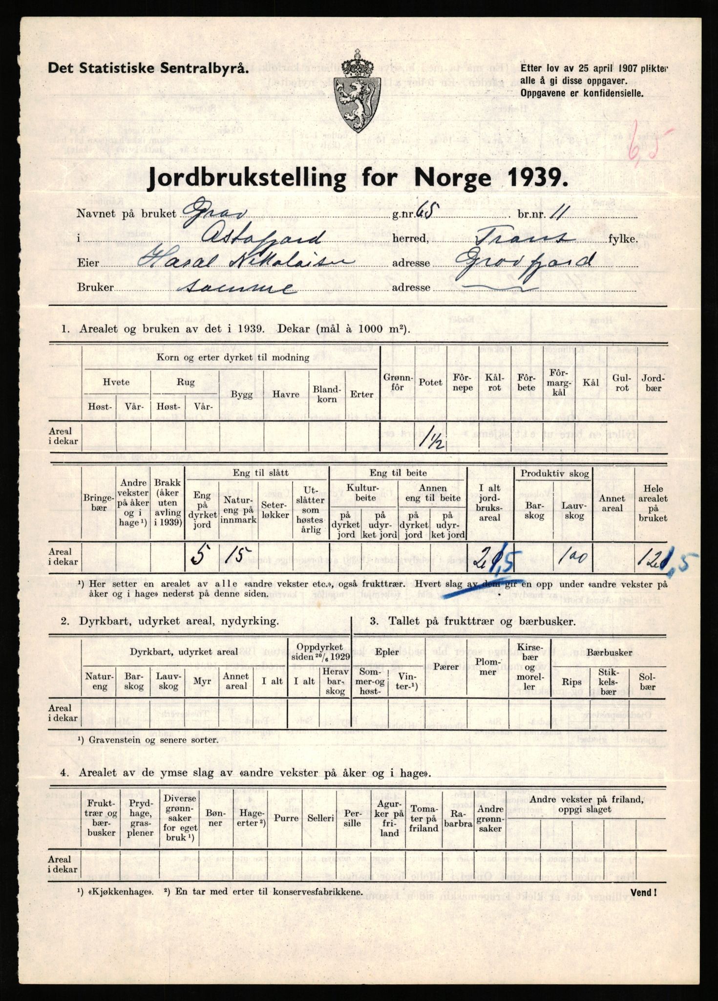 Statistisk sentralbyrå, Næringsøkonomiske emner, Jordbruk, skogbruk, jakt, fiske og fangst, AV/RA-S-2234/G/Gb/L0339: Troms: Andørja, Astafjord og Lavangen, 1939, p. 89