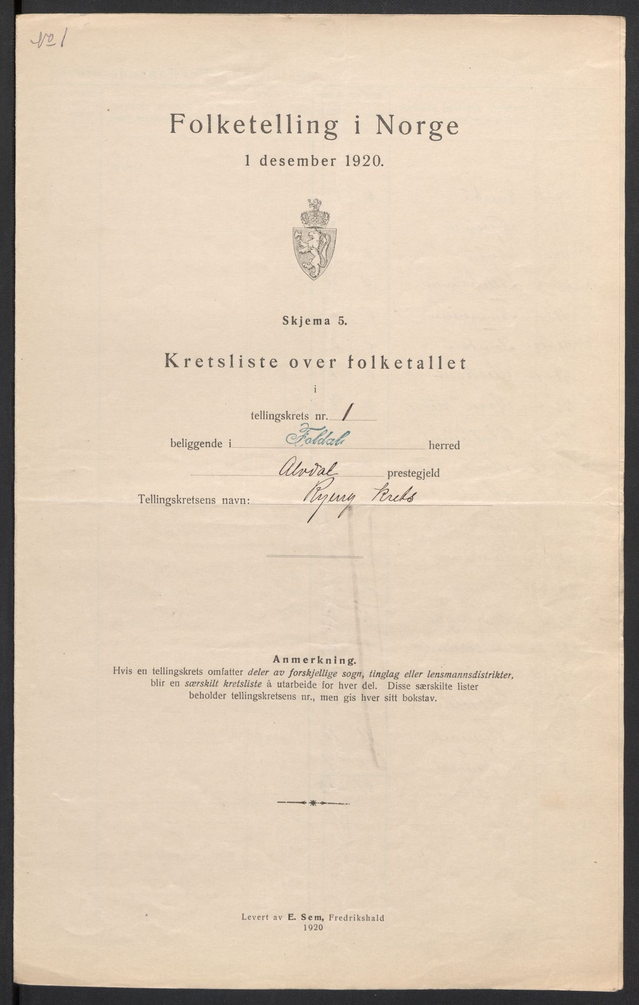 SAH, 1920 census for Folldal, 1920, p. 6