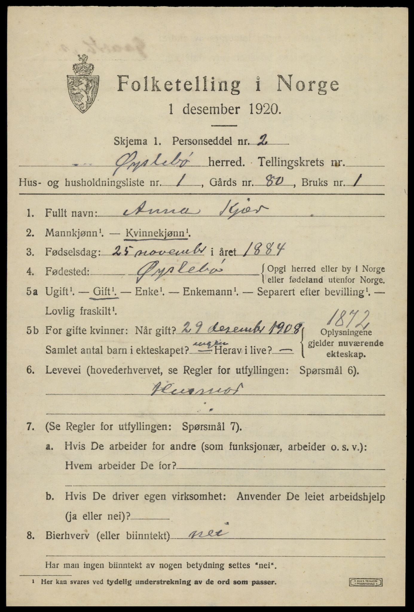 SAK, 1920 census for Øyslebø, 1920, p. 1294