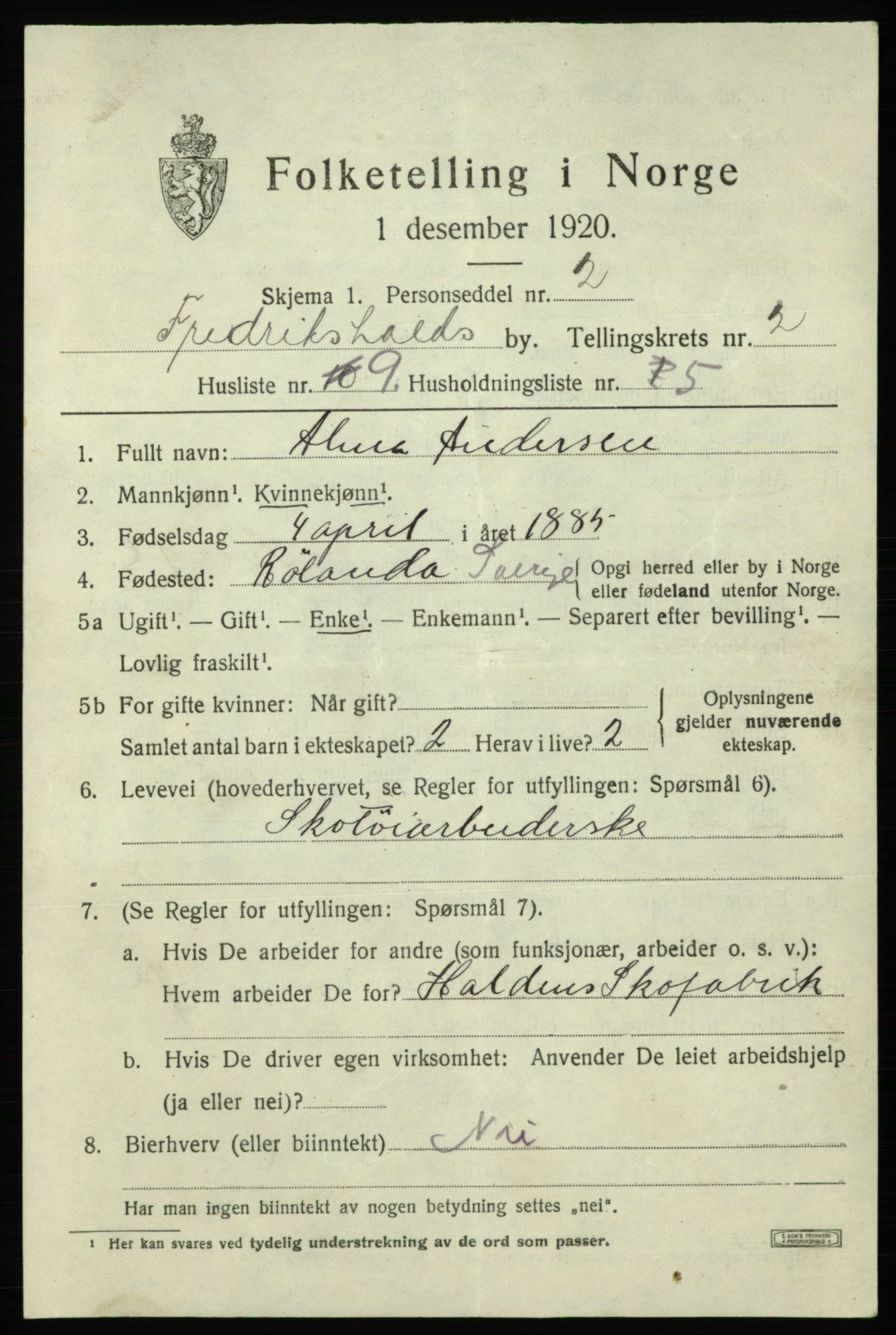 SAO, 1920 census for Fredrikshald, 1920, p. 9444