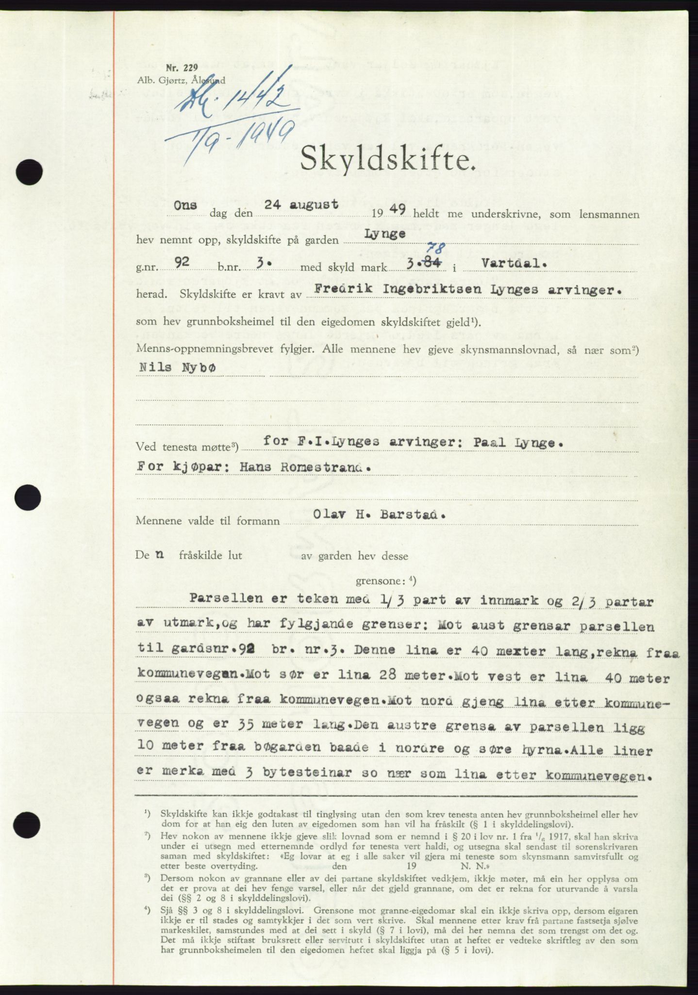 Søre Sunnmøre sorenskriveri, AV/SAT-A-4122/1/2/2C/L0085: Mortgage book no. 11A, 1949-1949, Diary no: : 1442/1949