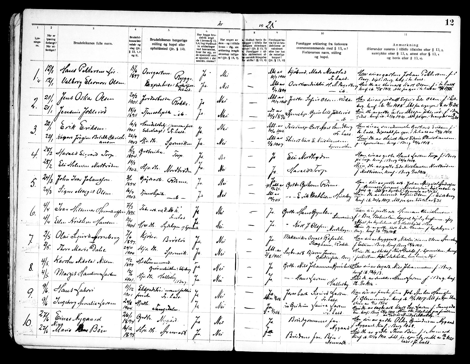 Berg prestekontor Kirkebøker, SAO/A-10902/H/Ha/L0002: Banns register no. I 2, 1919-1966, p. 12