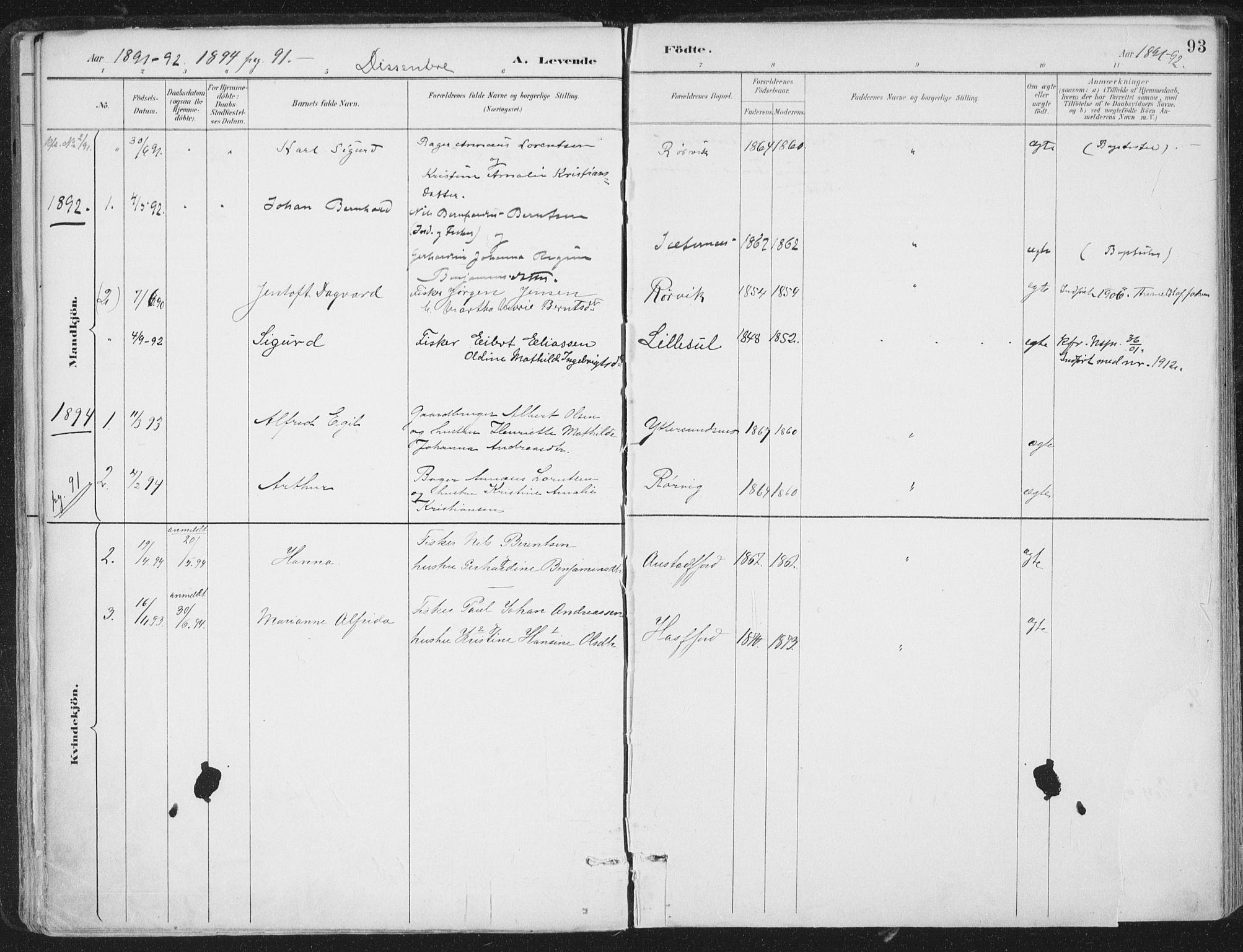 Ministerialprotokoller, klokkerbøker og fødselsregistre - Nord-Trøndelag, SAT/A-1458/786/L0687: Parish register (official) no. 786A03, 1888-1898, p. 93