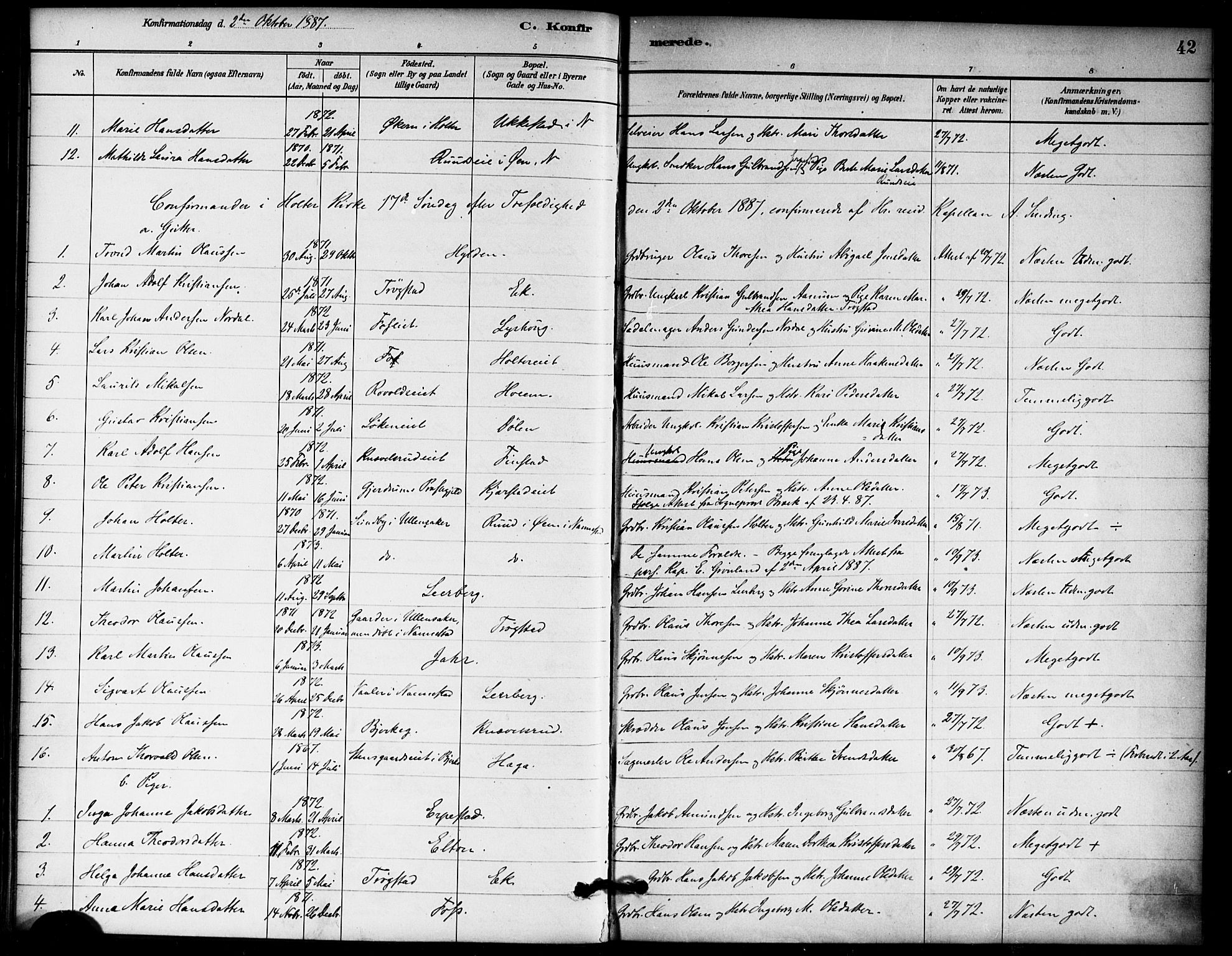 Nannestad prestekontor Kirkebøker, SAO/A-10414a/F/Fb/L0001: Parish register (official) no. II 1, 1881-1890, p. 42