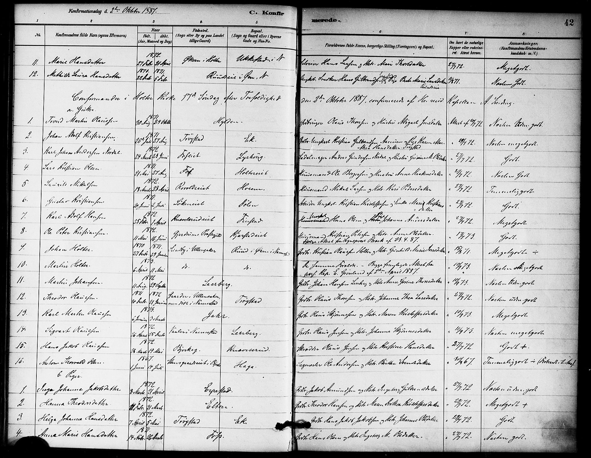 Nannestad prestekontor Kirkebøker, AV/SAO-A-10414a/F/Fb/L0001: Parish register (official) no. II 1, 1881-1890, p. 42