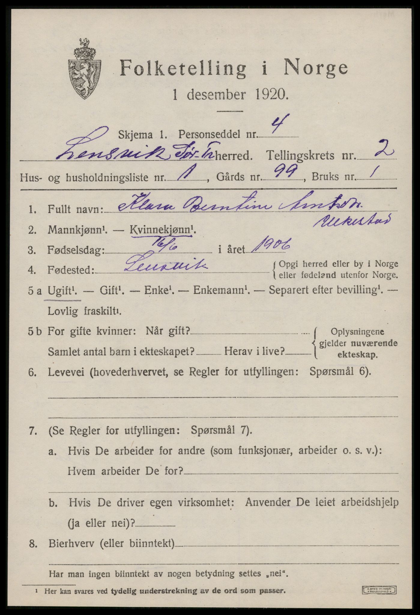 SAT, 1920 census for Lensvik, 1920, p. 1288