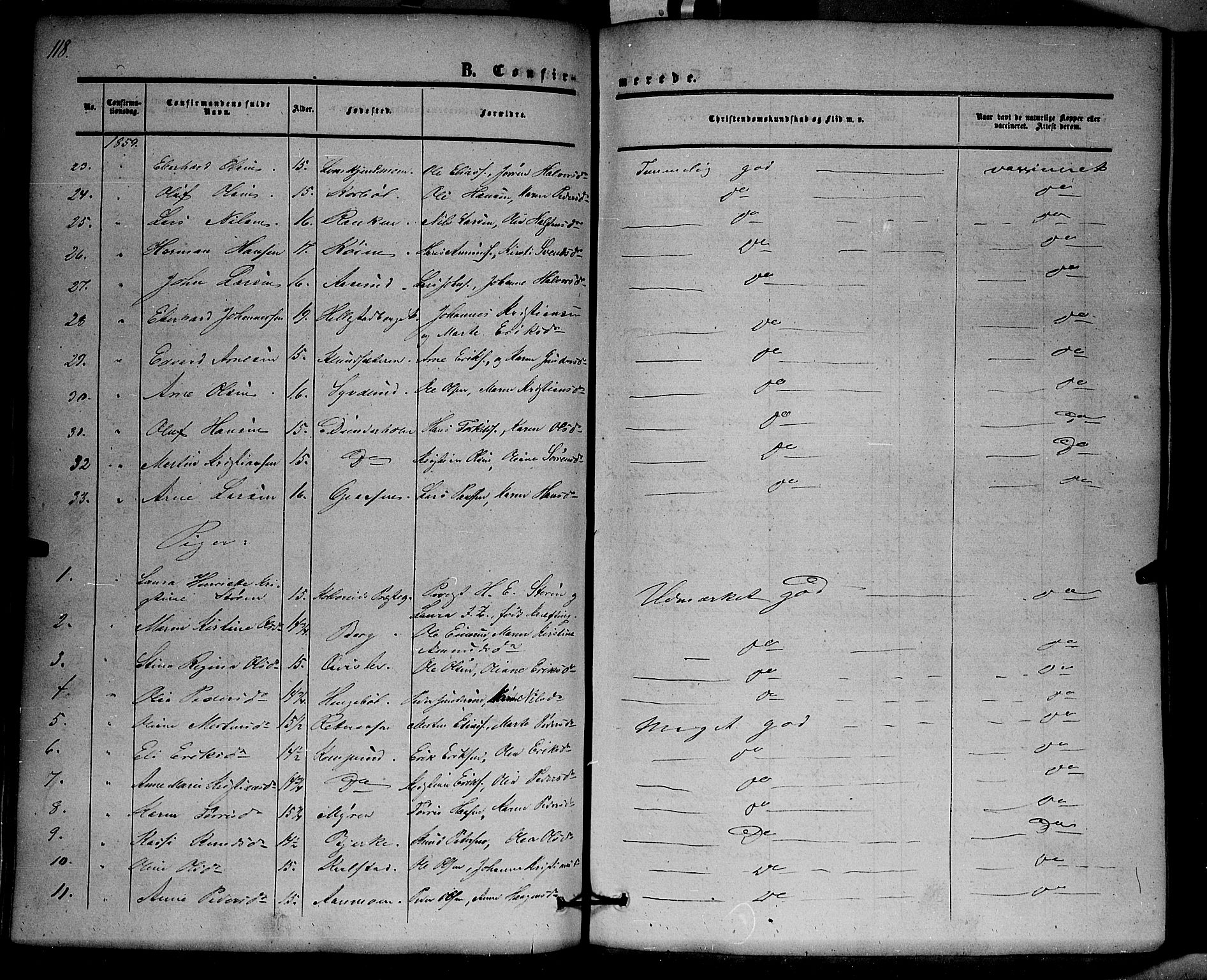 Hof prestekontor, SAH/PREST-038/H/Ha/Haa/L0008: Parish register (official) no. 8, 1849-1861, p. 118