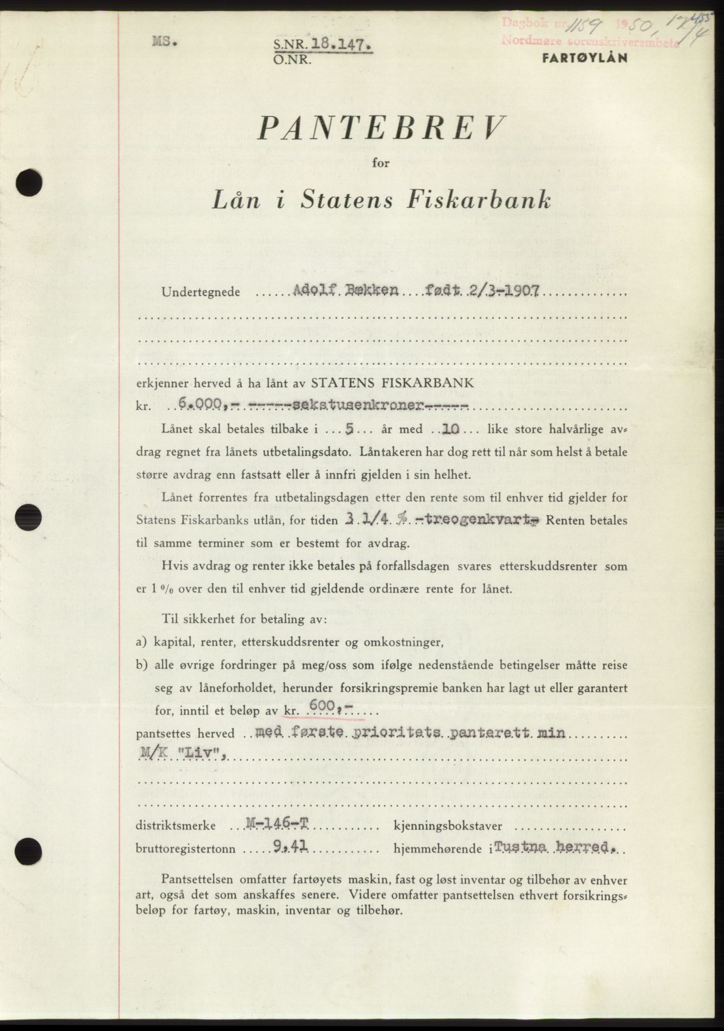 Nordmøre sorenskriveri, AV/SAT-A-4132/1/2/2Ca: Mortgage book no. B104, 1950-1950, Diary no: : 1159/1950