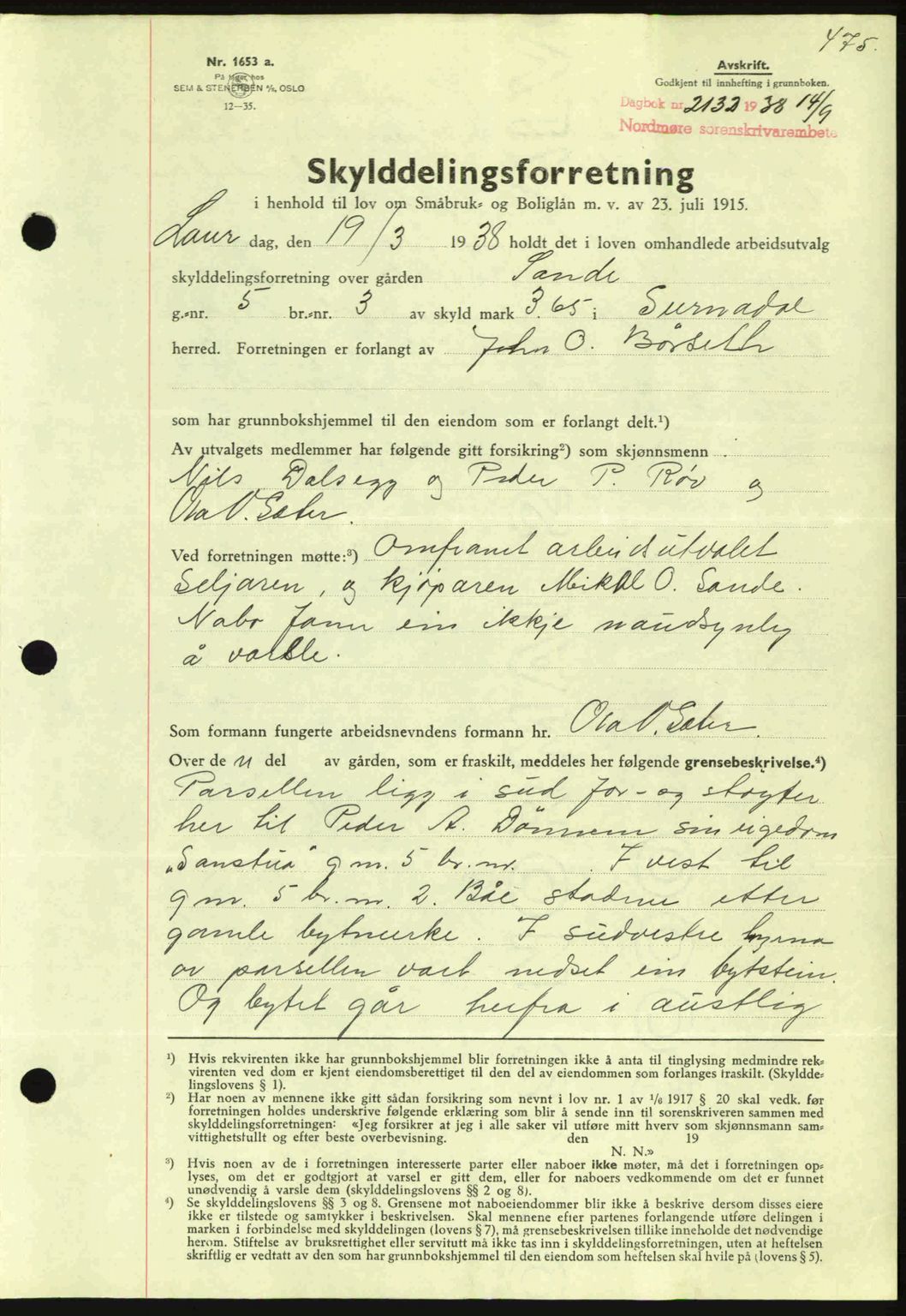 Nordmøre sorenskriveri, SAT/A-4132/1/2/2Ca: Mortgage book no. A84, 1938-1938, Diary no: : 2132/1938
