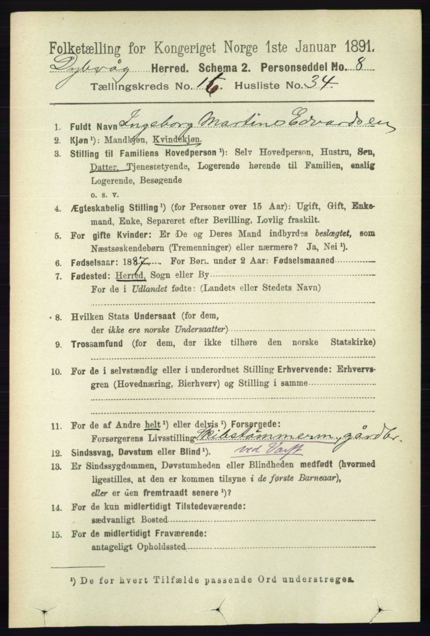 RA, 1891 census for 0915 Dypvåg, 1891, p. 6615