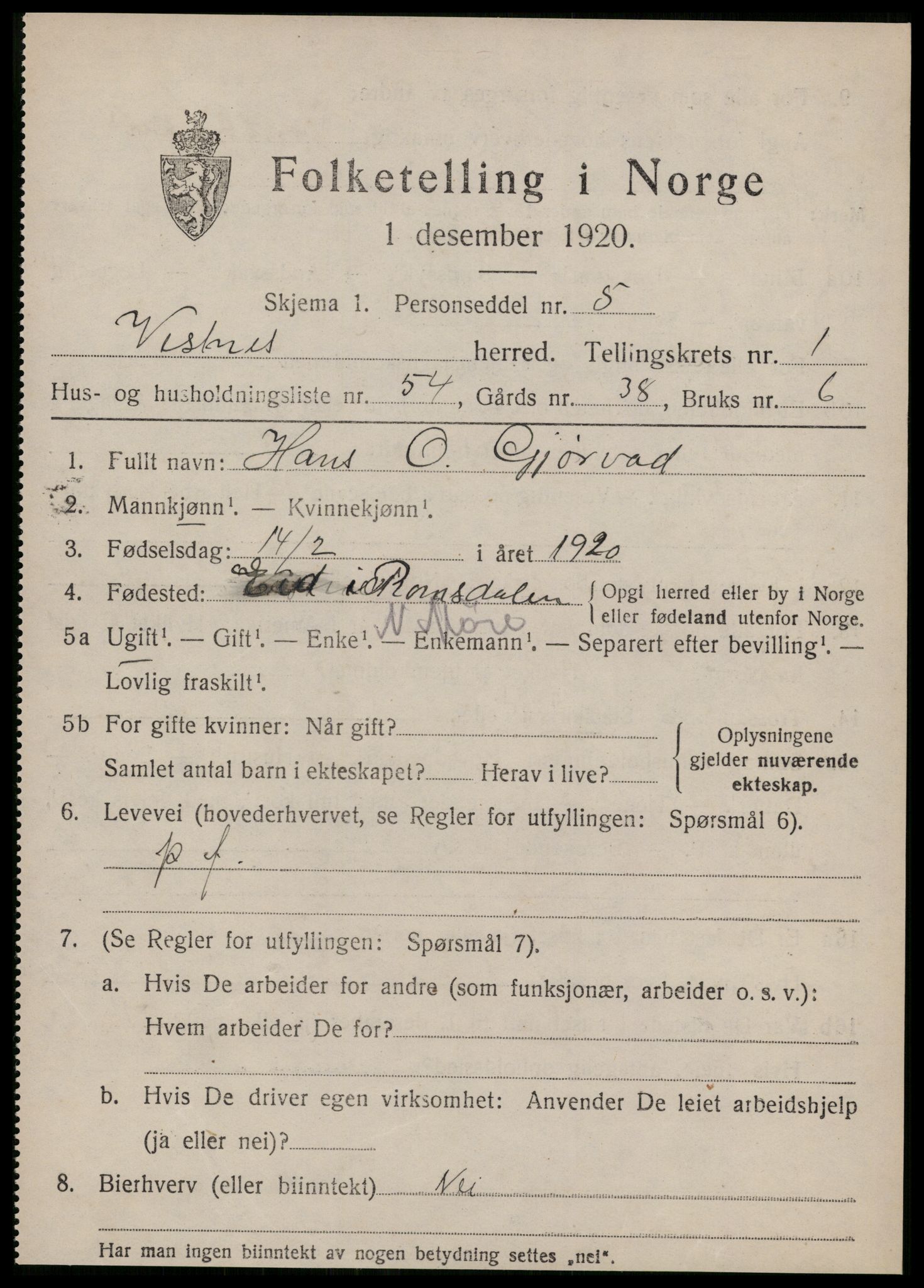 SAT, 1920 census for Vestnes, 1920, p. 1861