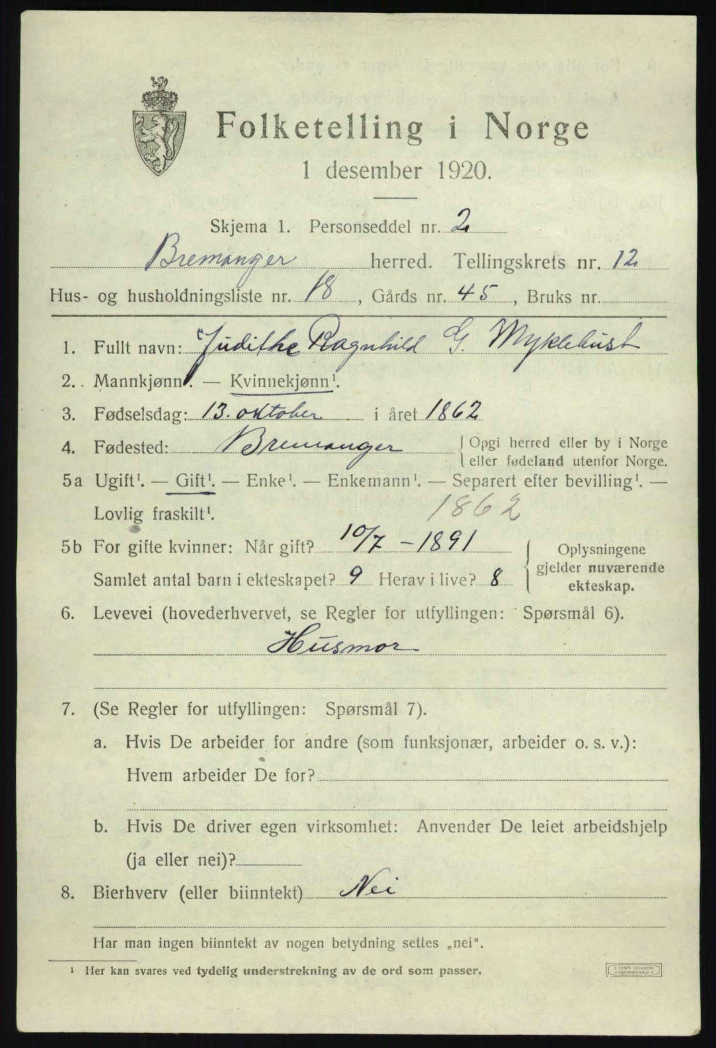 SAB, 1920 census for Bremanger, 1920, p. 6738