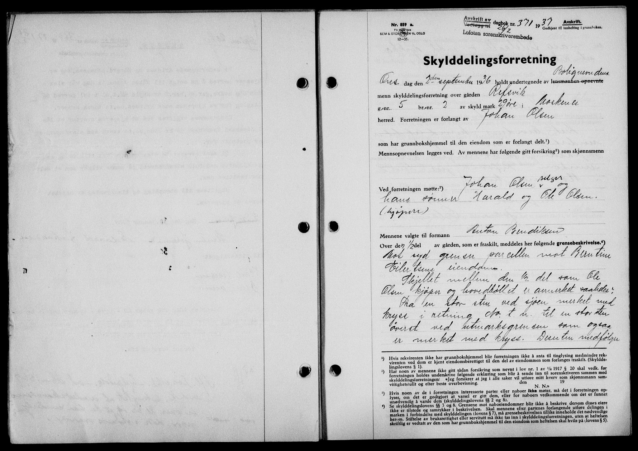 Lofoten sorenskriveri, SAT/A-0017/1/2/2C/L0001a: Mortgage book no. 1a, 1936-1937, Diary no: : 371/1937