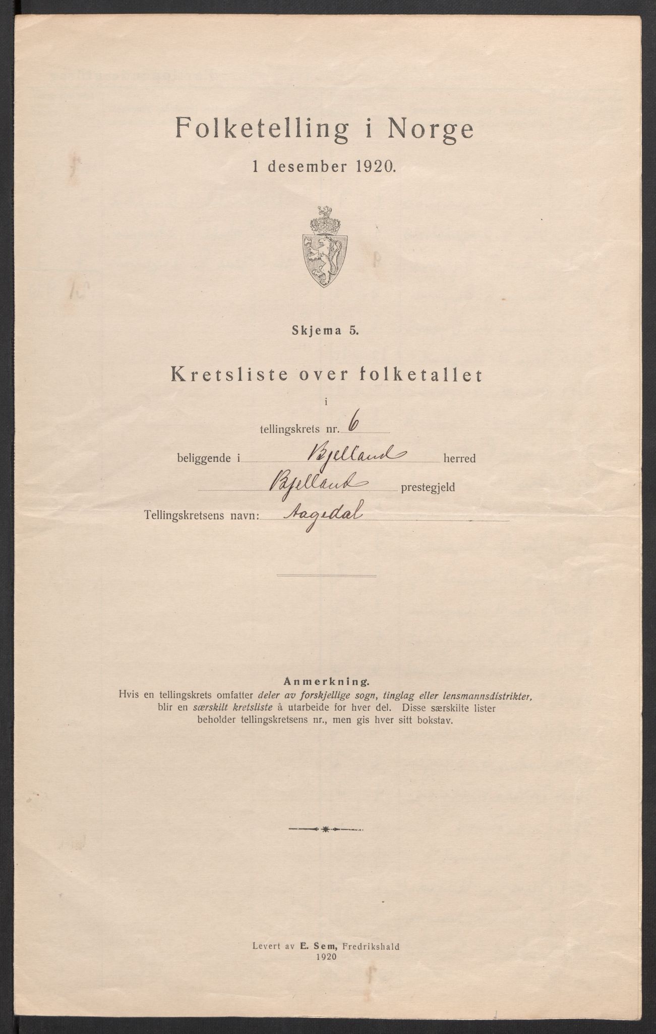 SAK, 1920 census for Bjelland, 1920, p. 29