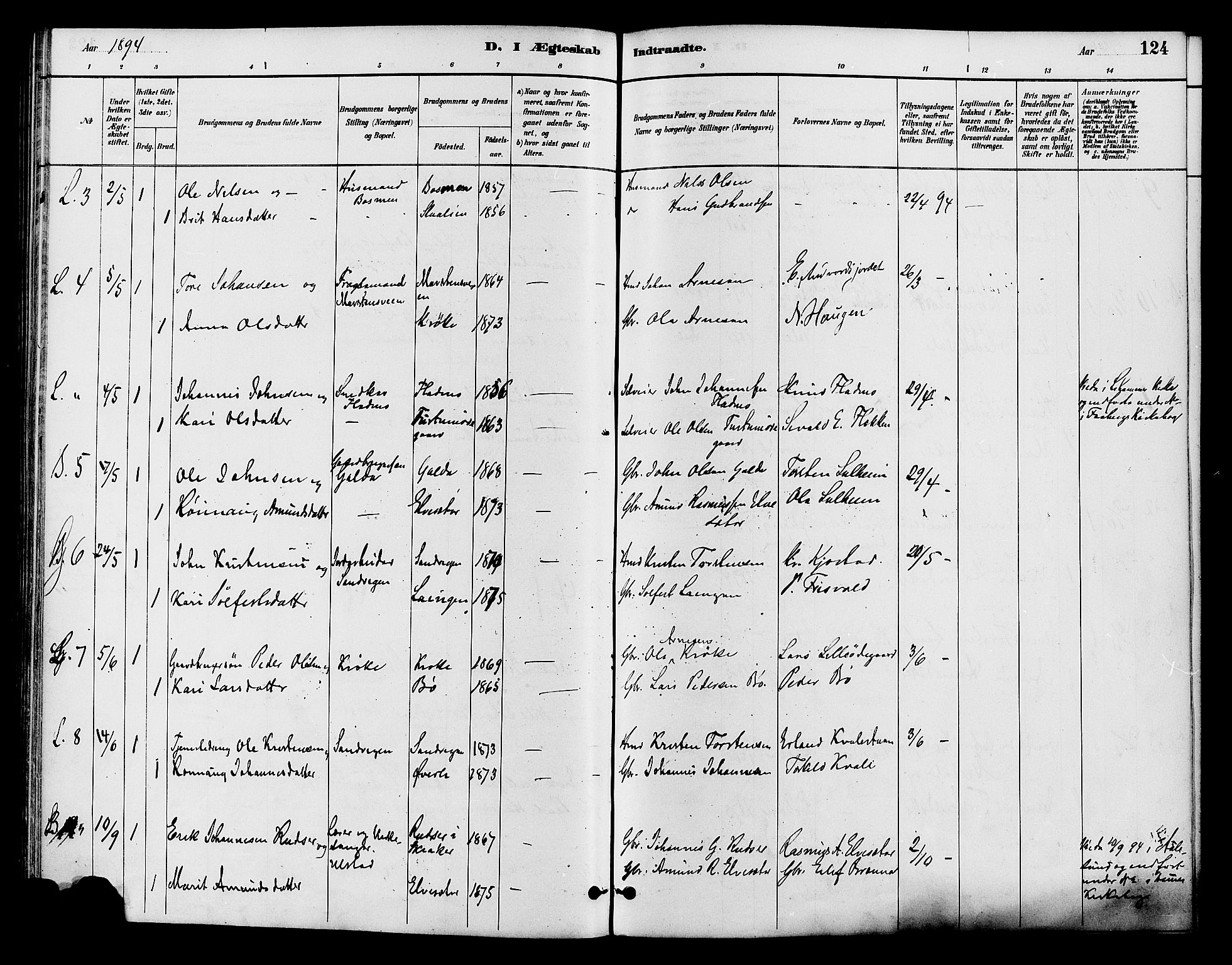 Lom prestekontor, AV/SAH-PREST-070/K/L0008: Parish register (official) no. 8, 1885-1898, p. 124