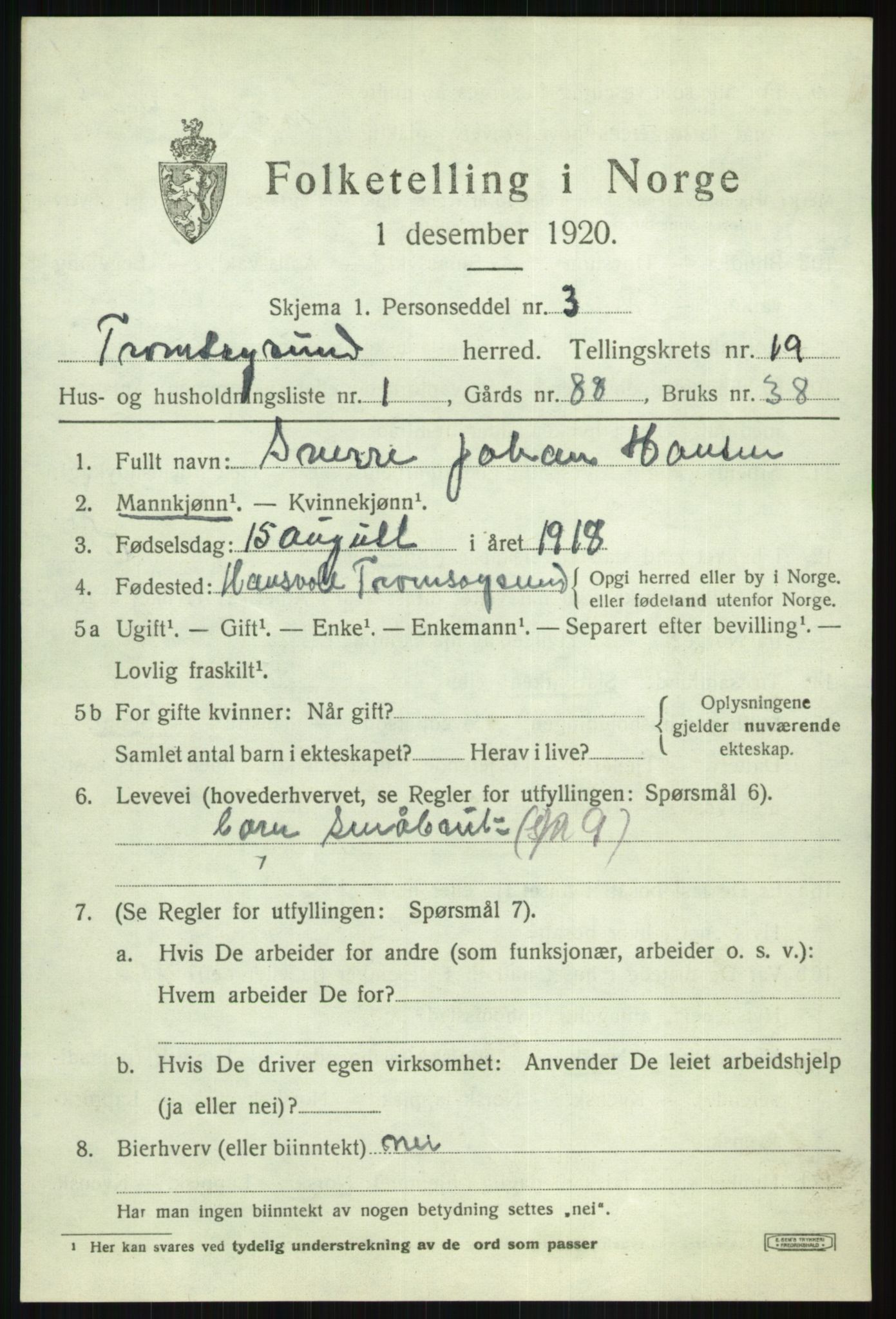 SATØ, 1920 census for Tromsøysund, 1920, p. 10208