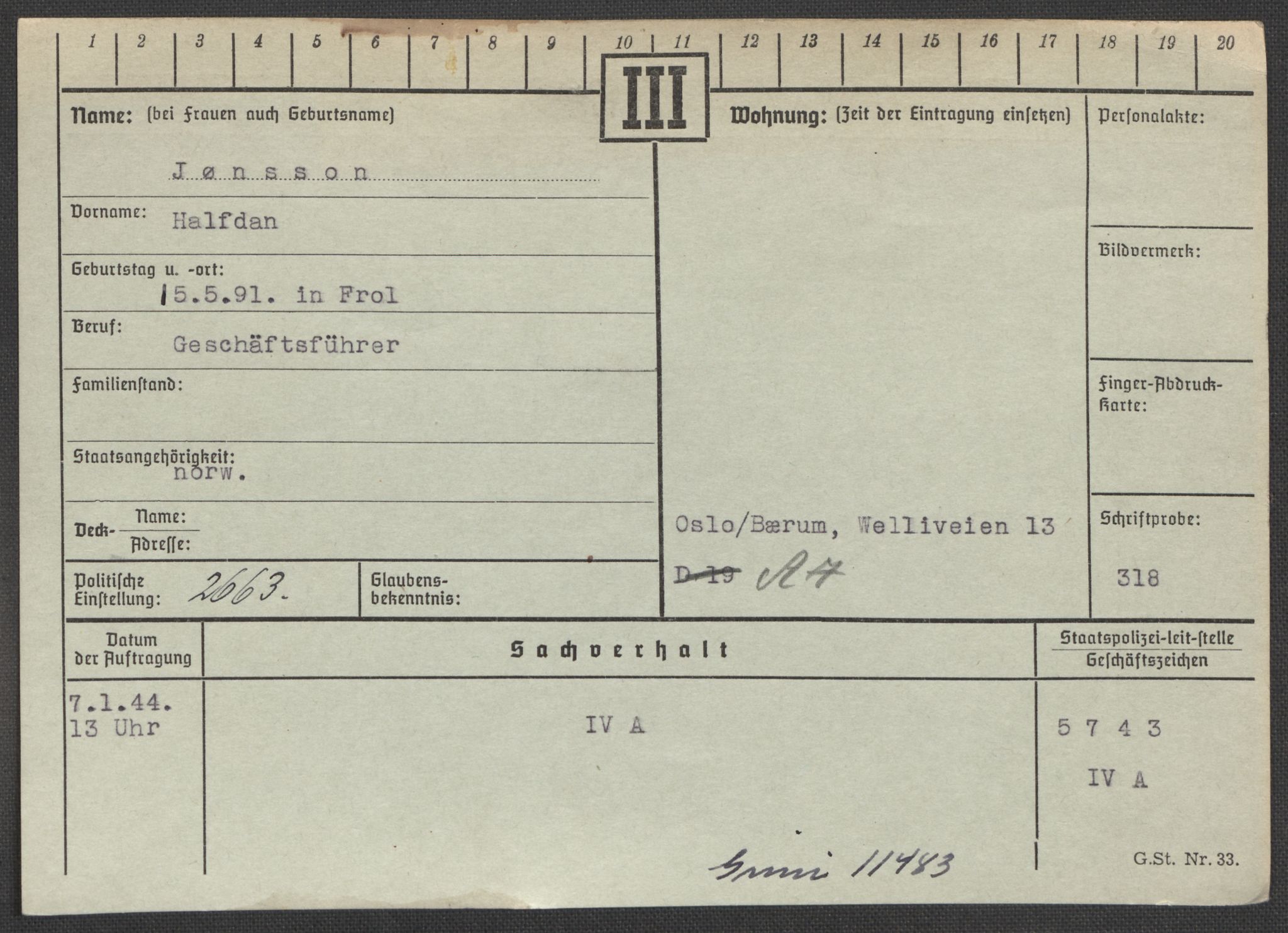 Befehlshaber der Sicherheitspolizei und des SD, AV/RA-RAFA-5969/E/Ea/Eaa/L0005: Register over norske fanger i Møllergata 19: Hø-Kj, 1940-1945, p. 1079